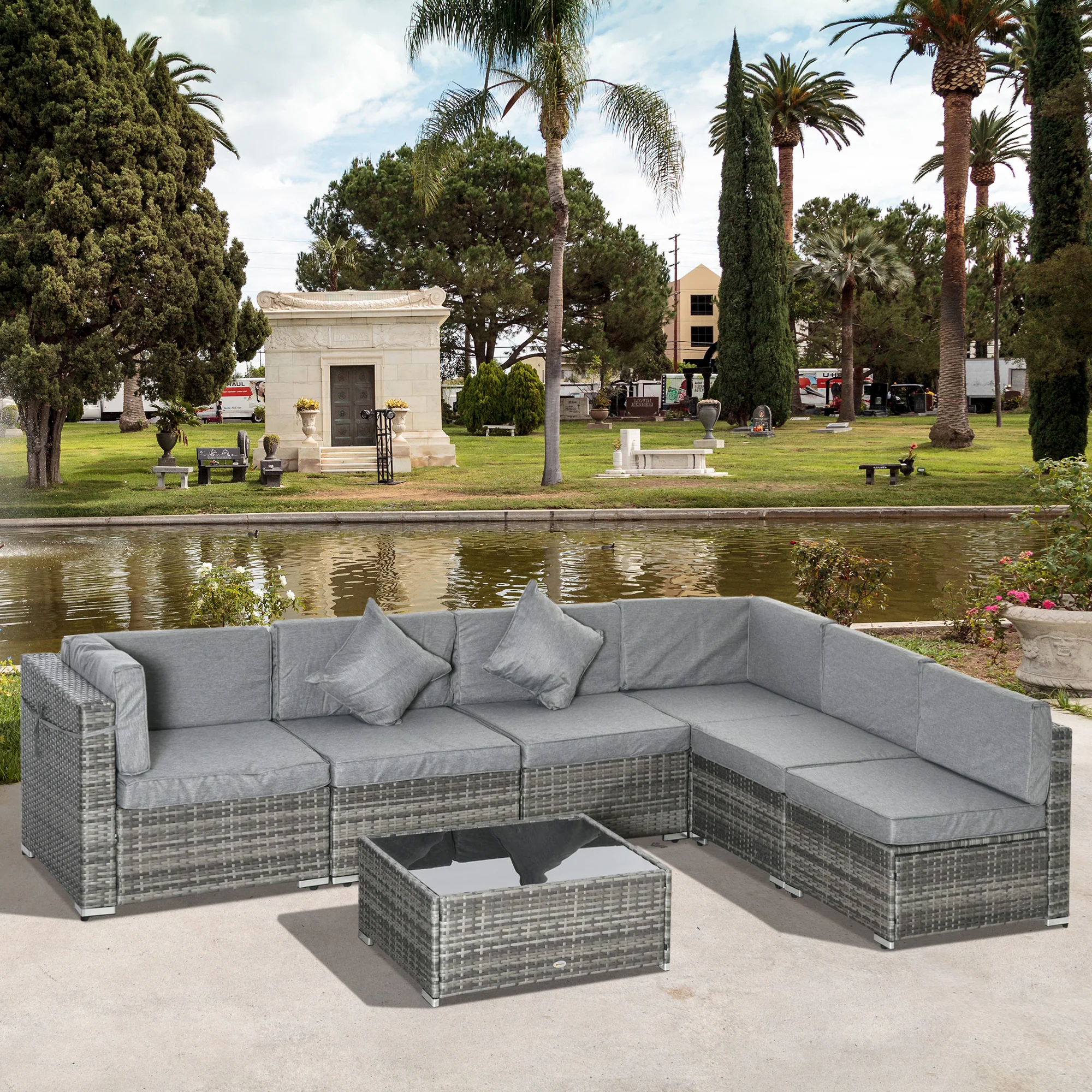 7-Piece PE Rattan Sectional Sofa Set with Glass Top & Cushions, Light Grey - Image 4