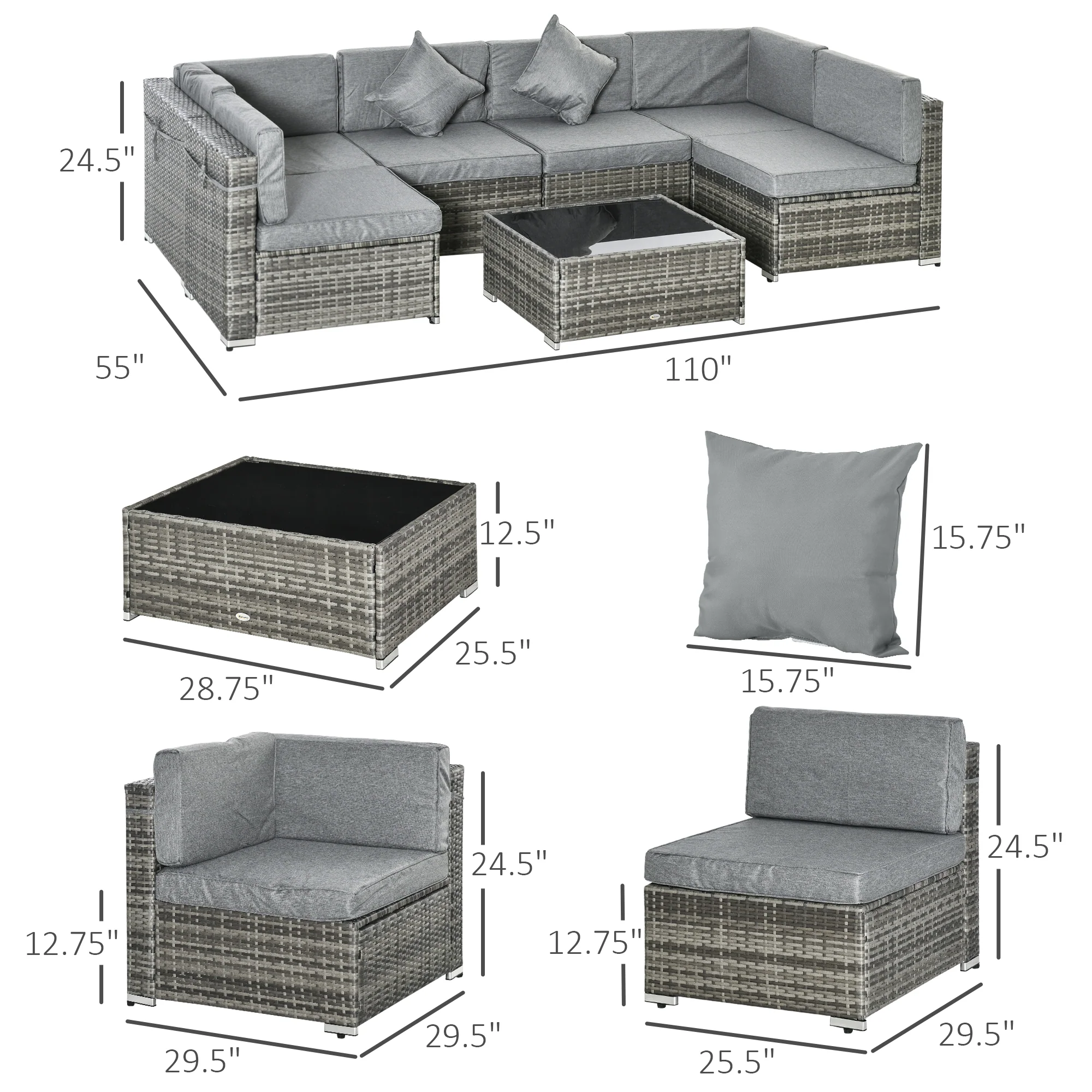 7-Piece PE Rattan Sectional Sofa Set with Glass Top & Cushions, Light Grey - Image 5