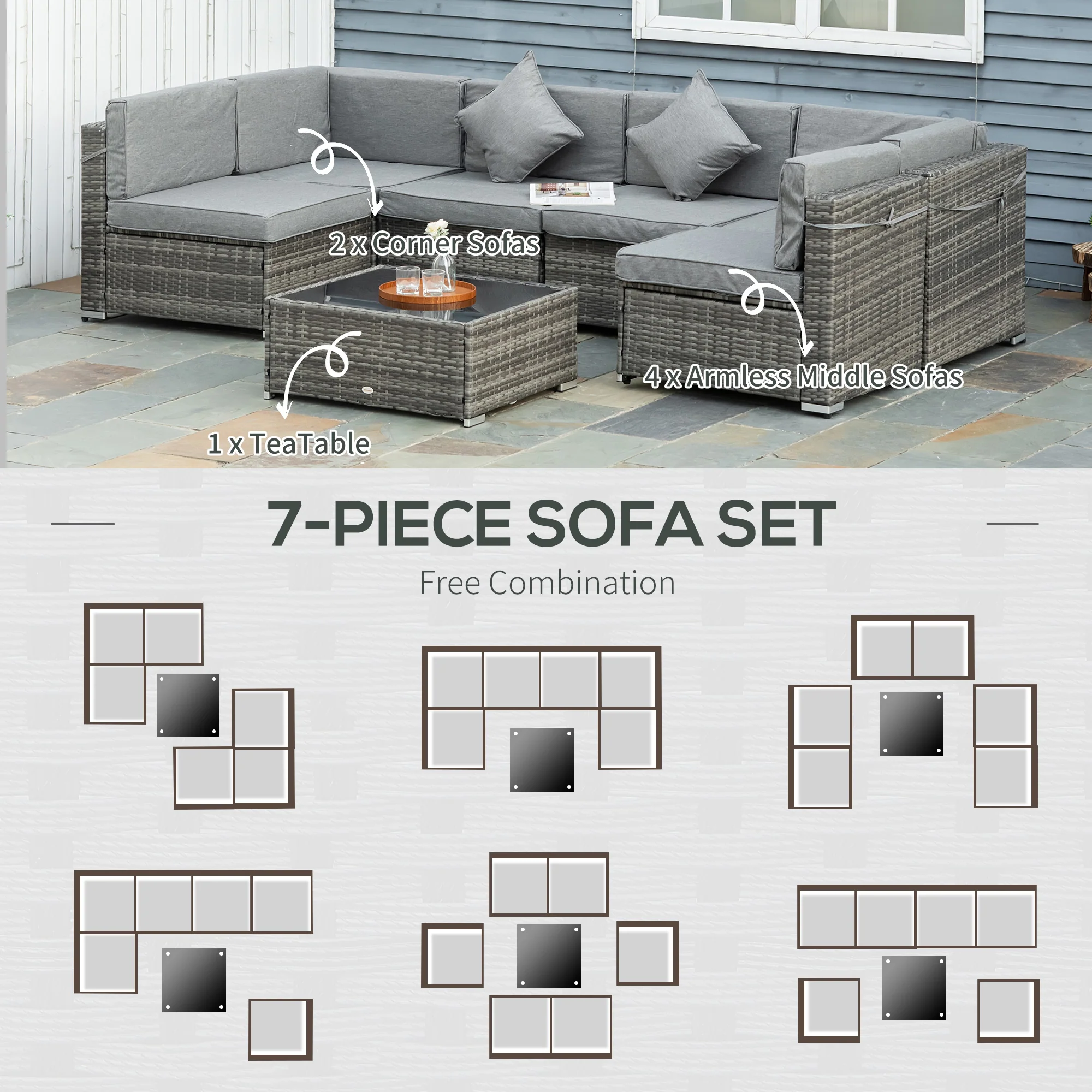 7-Piece PE Rattan Sectional Sofa Set with Glass Top & Cushions, Light Grey - Image 8