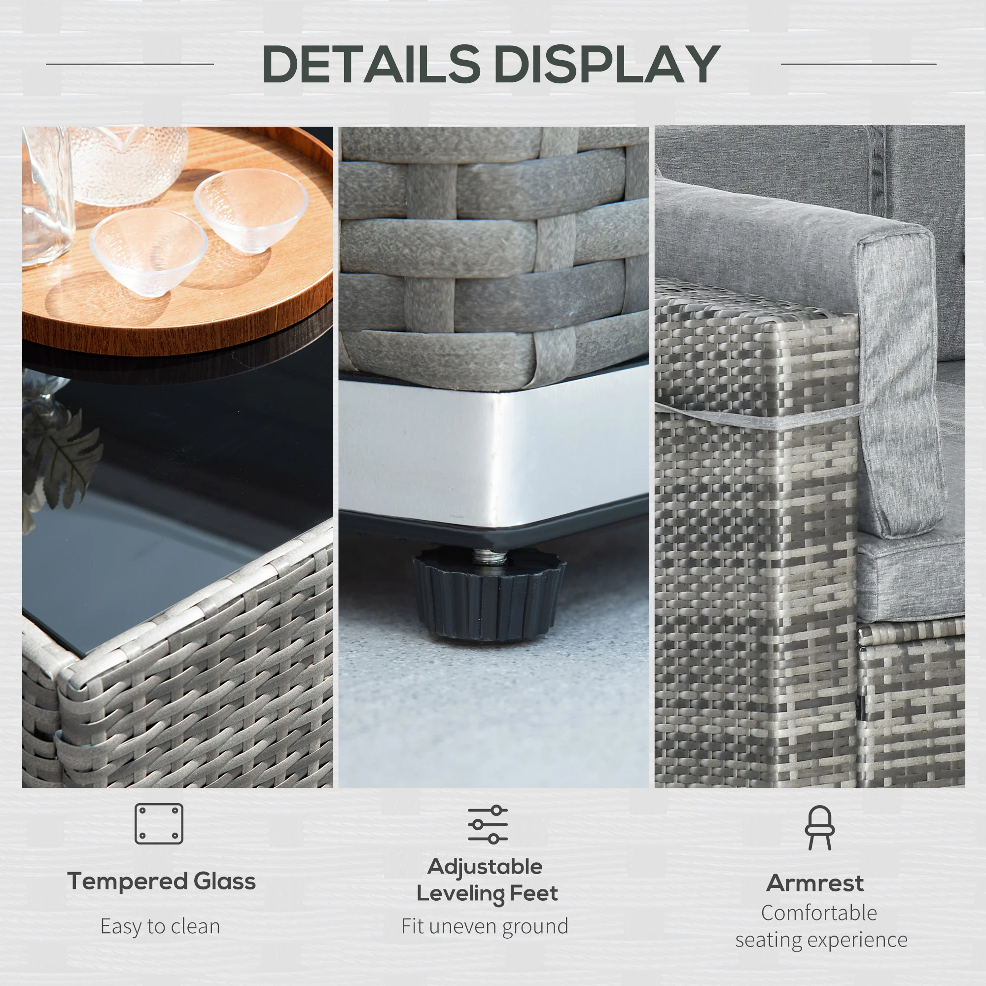 7-Piece PE Rattan Sectional Sofa Set with Glass Top & Cushions, Light Grey - Image 9