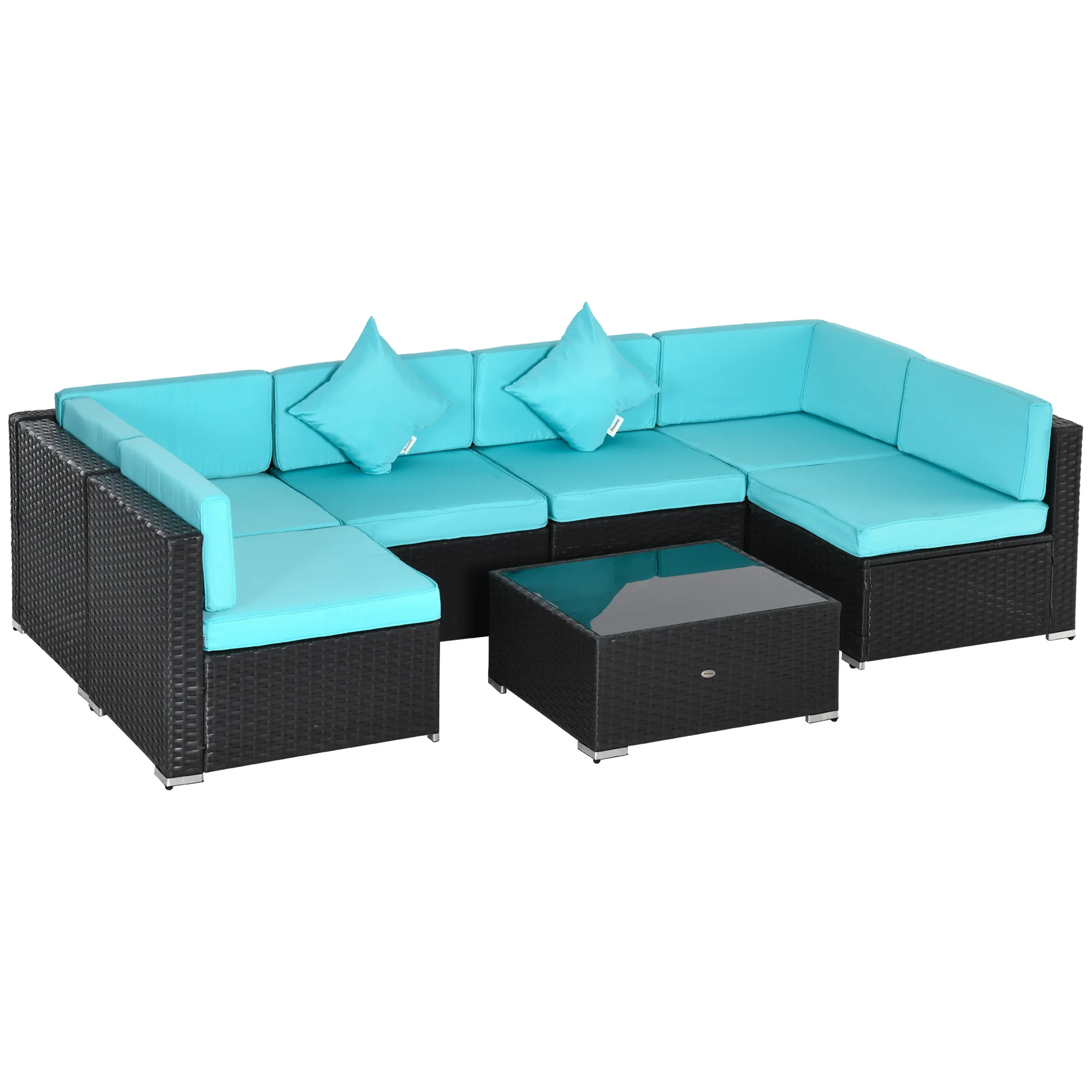 7-Piece Outdoor Wicker Sectional Sofa Set with Glass Top Table, Light Blue - Image 2