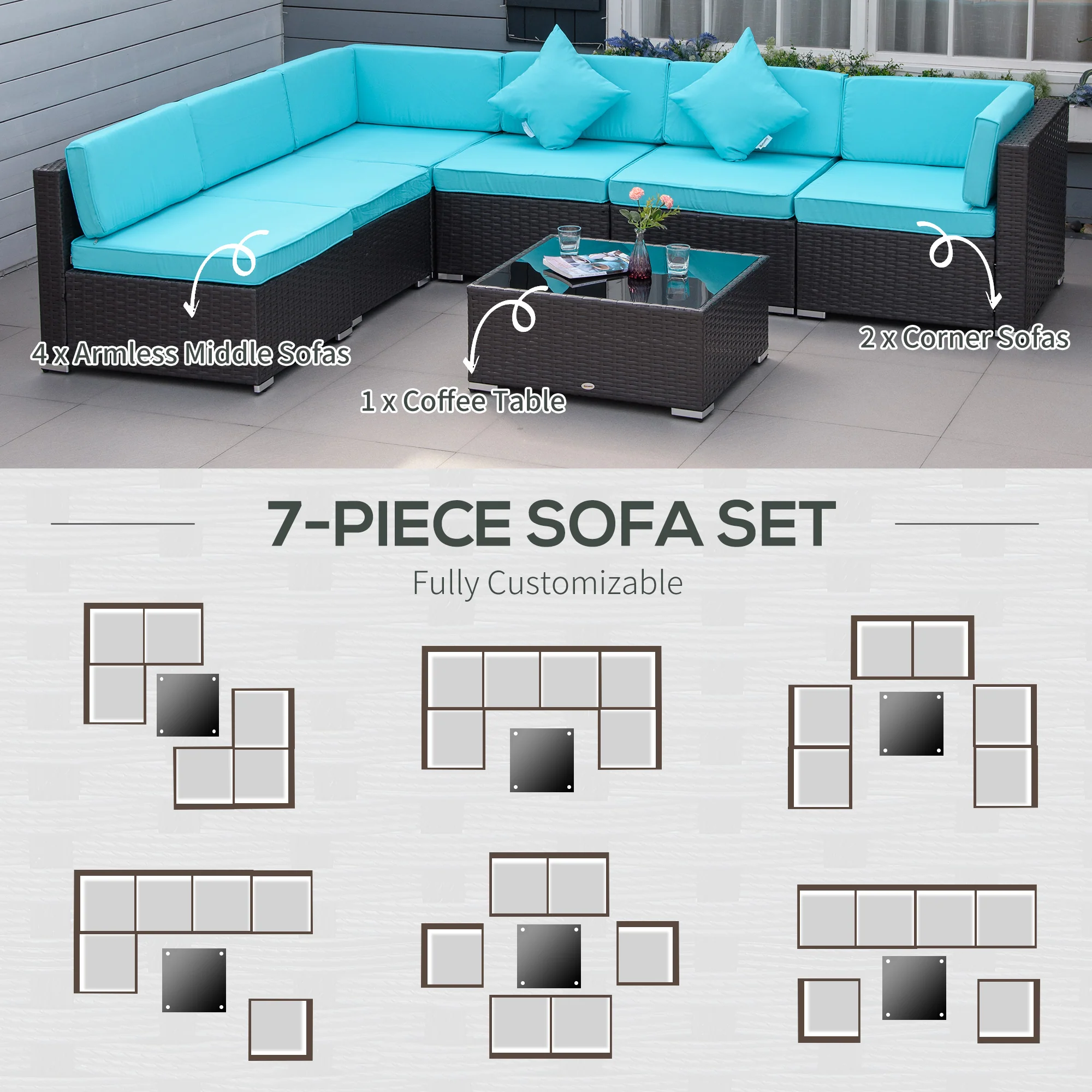 7-Piece Outdoor Wicker Sectional Sofa Set with Glass Top Table, Light Blue - Image 8