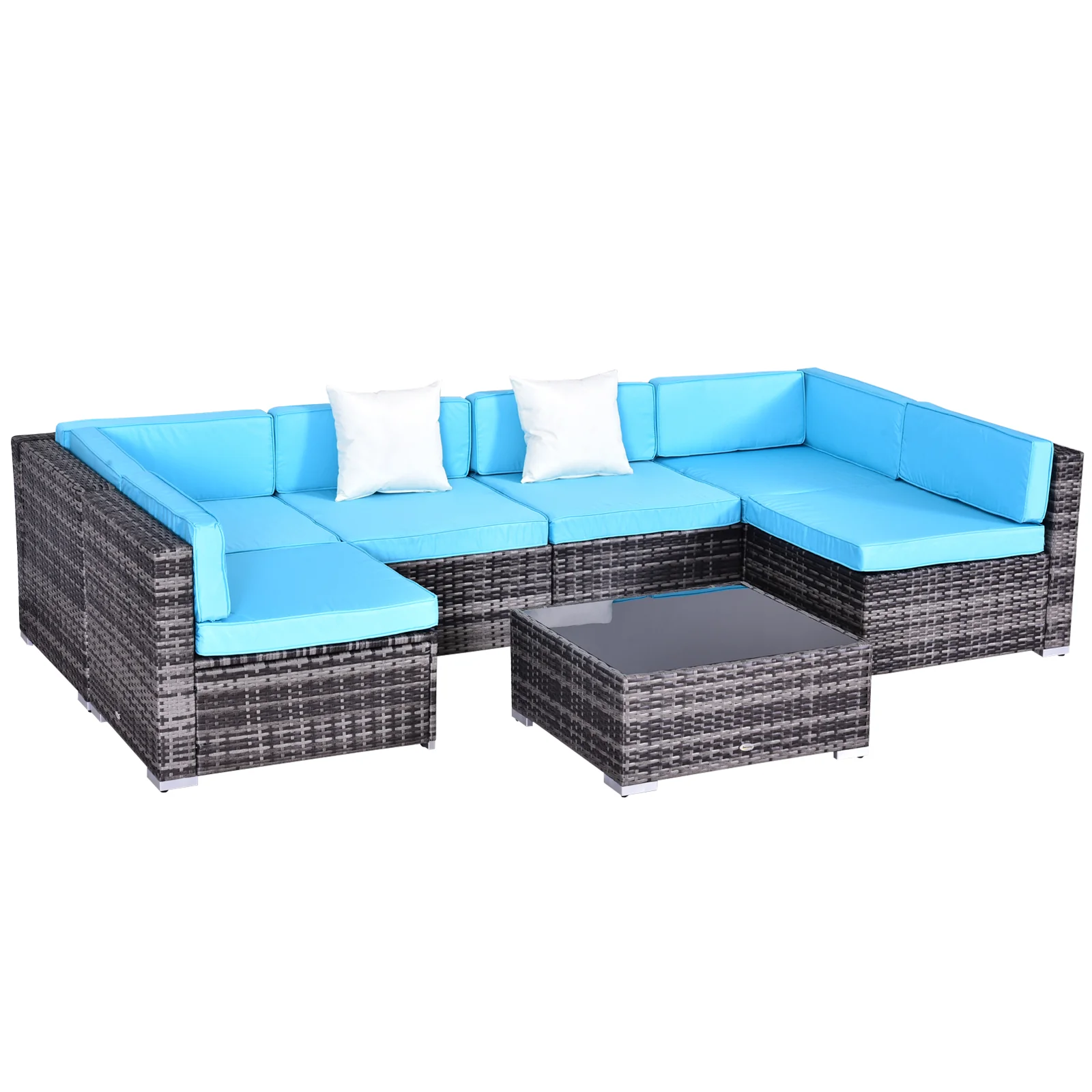 7-Piece PE Rattan Sectional Sofa Set with Glass Table & Cushions, Sky Blue