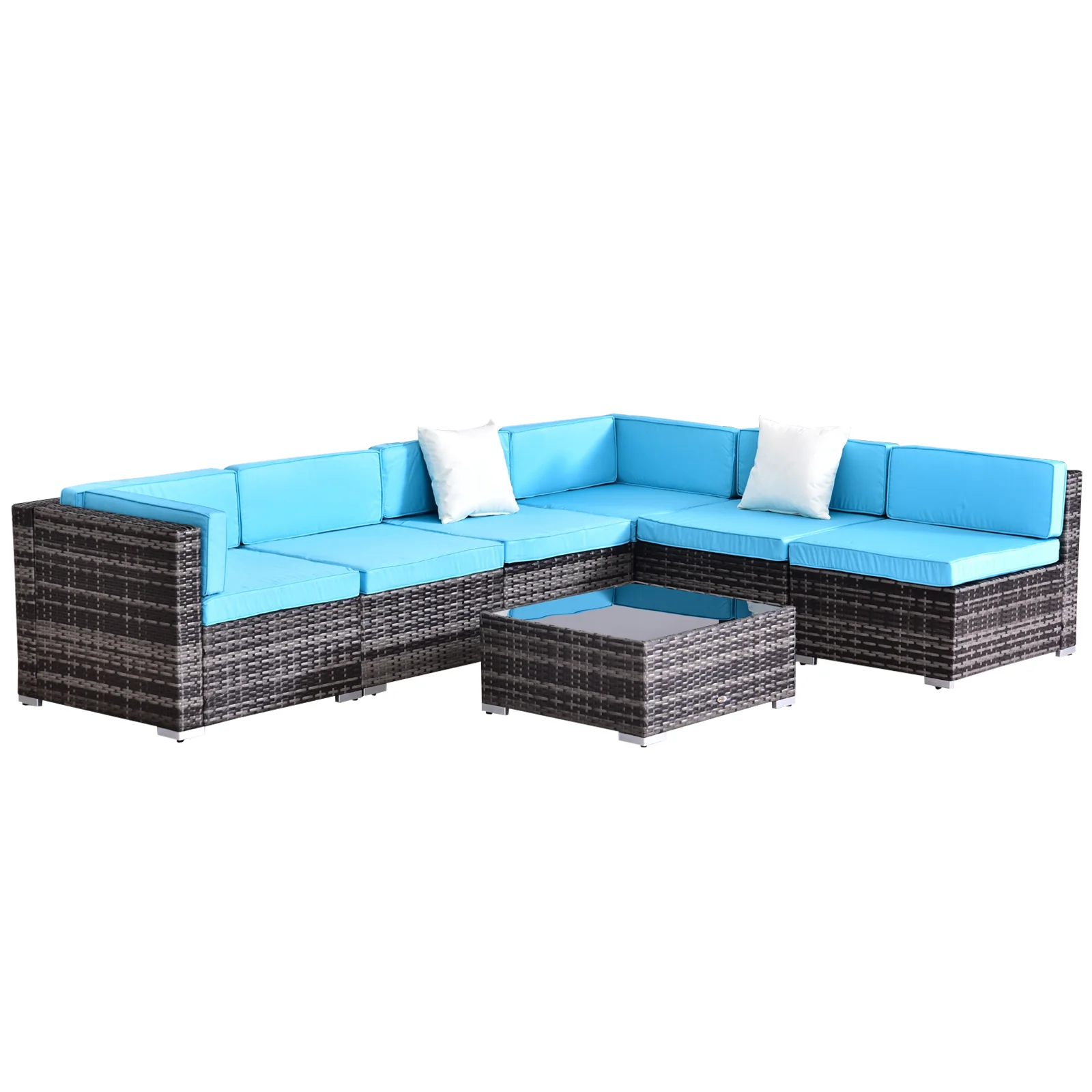 7-Piece PE Rattan Sectional Sofa Set with Glass Table & Cushions, Sky Blue - Image 10