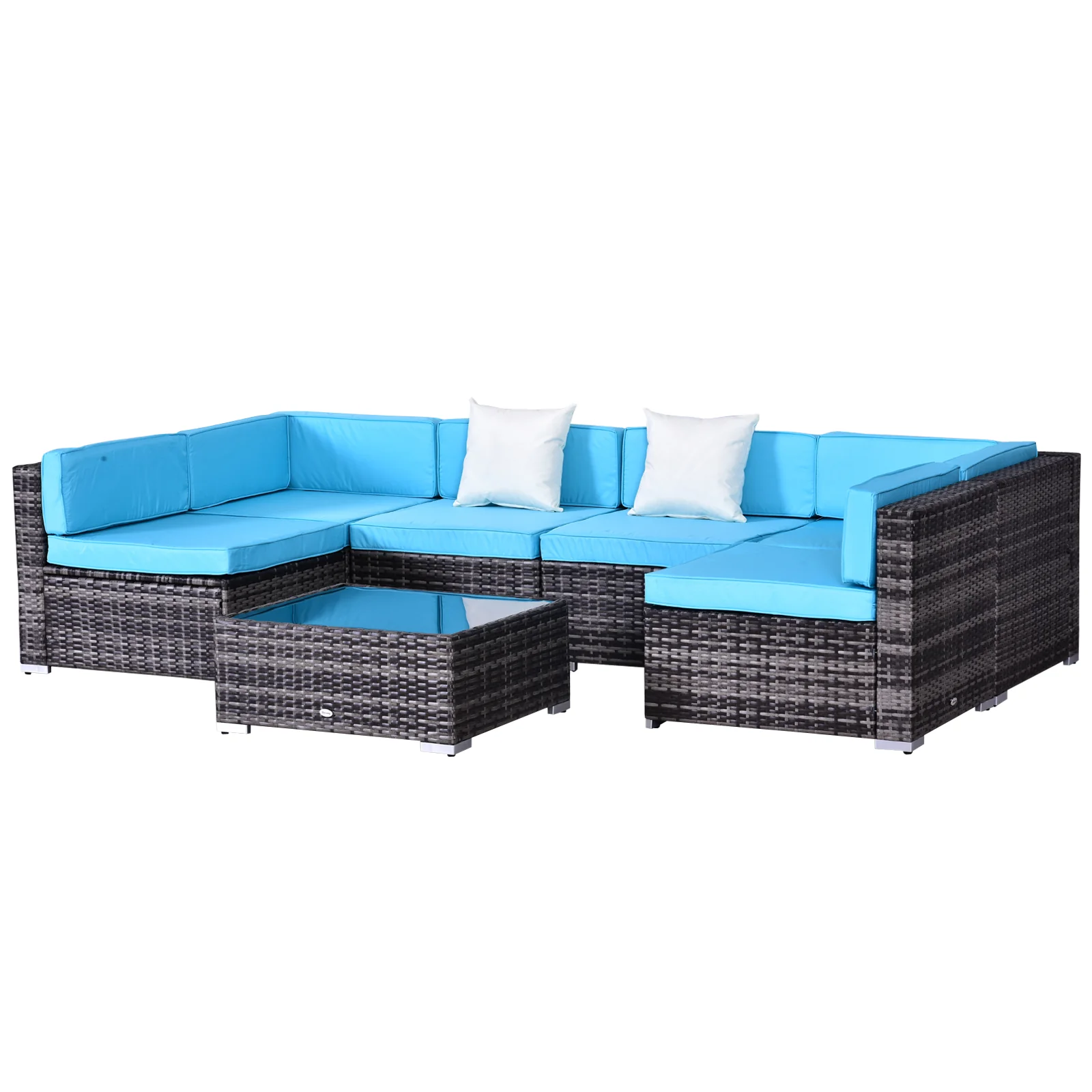 7-Piece PE Rattan Sectional Sofa Set with Glass Table & Cushions, Sky Blue - Image 2