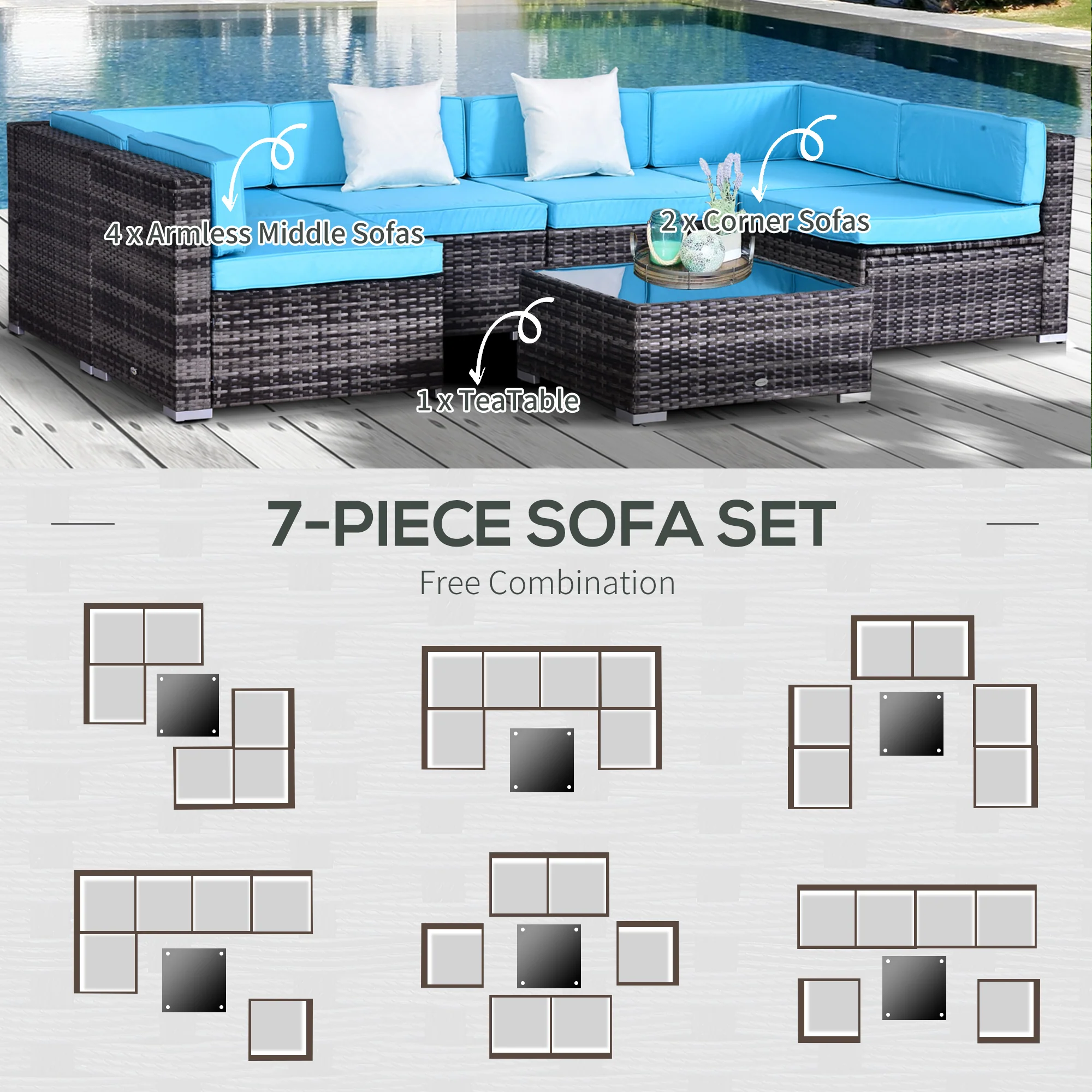 7-Piece PE Rattan Sectional Sofa Set with Glass Table & Cushions, Sky Blue - Image 8