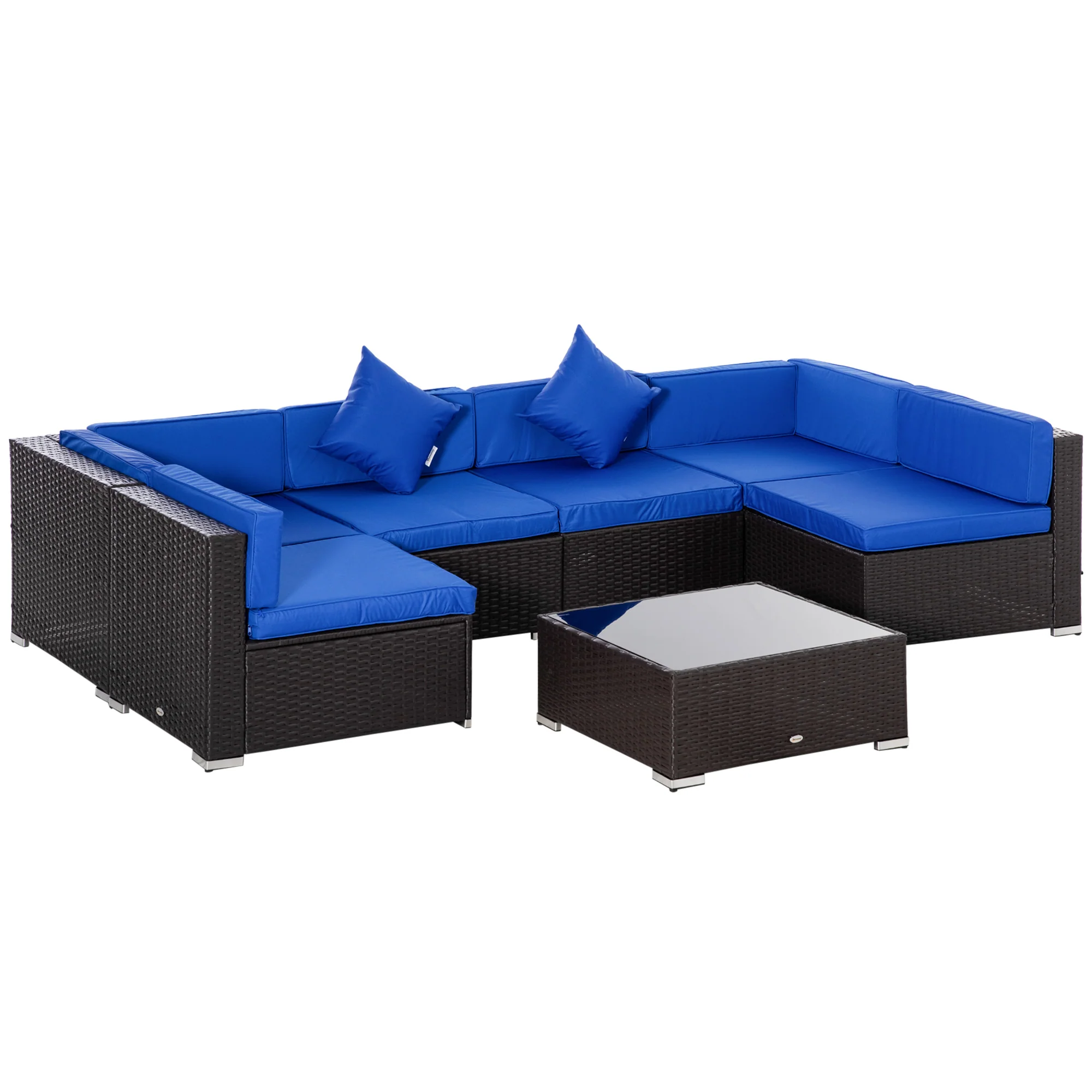 7-Piece PE Rattan Conversation Set with Sectional Sofa and Glass Table, Blue