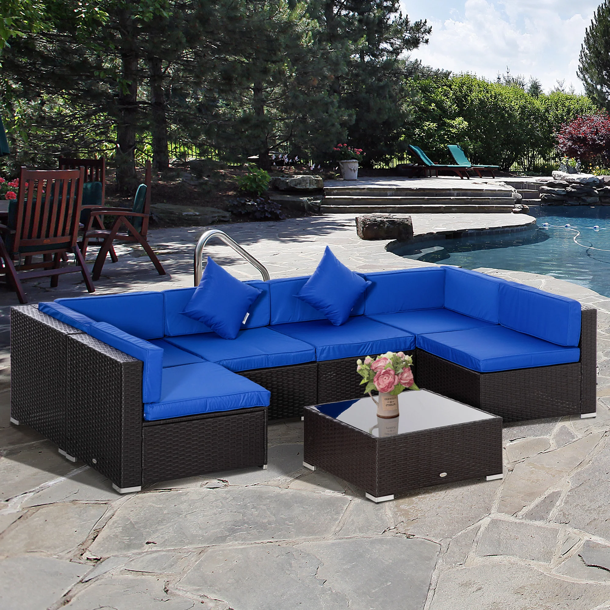 7-Piece PE Rattan Conversation Set with Sectional Sofa and Glass Table, Blue - Image 3