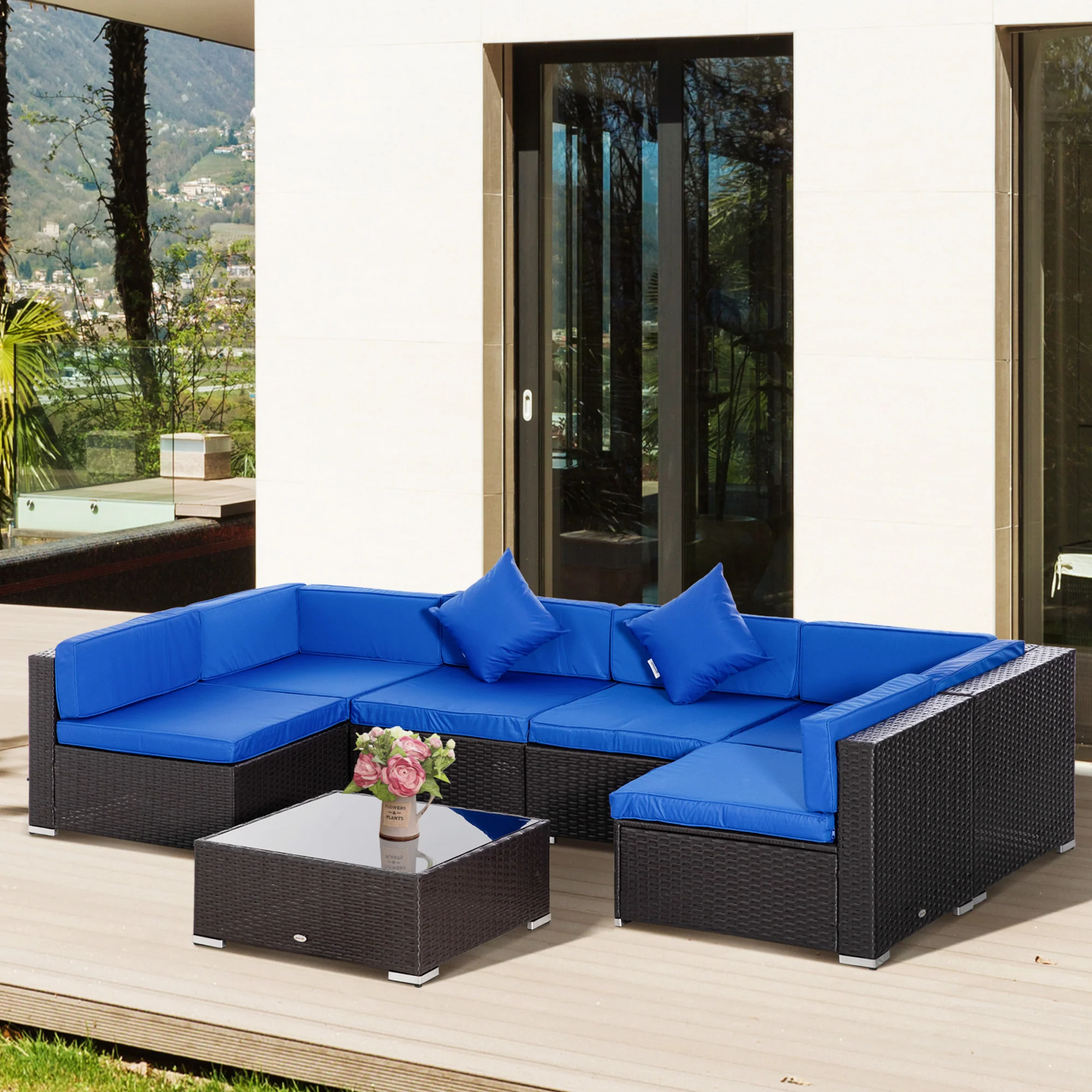 7-Piece PE Rattan Conversation Set with Sectional Sofa and Glass Table, Blue - Image 4