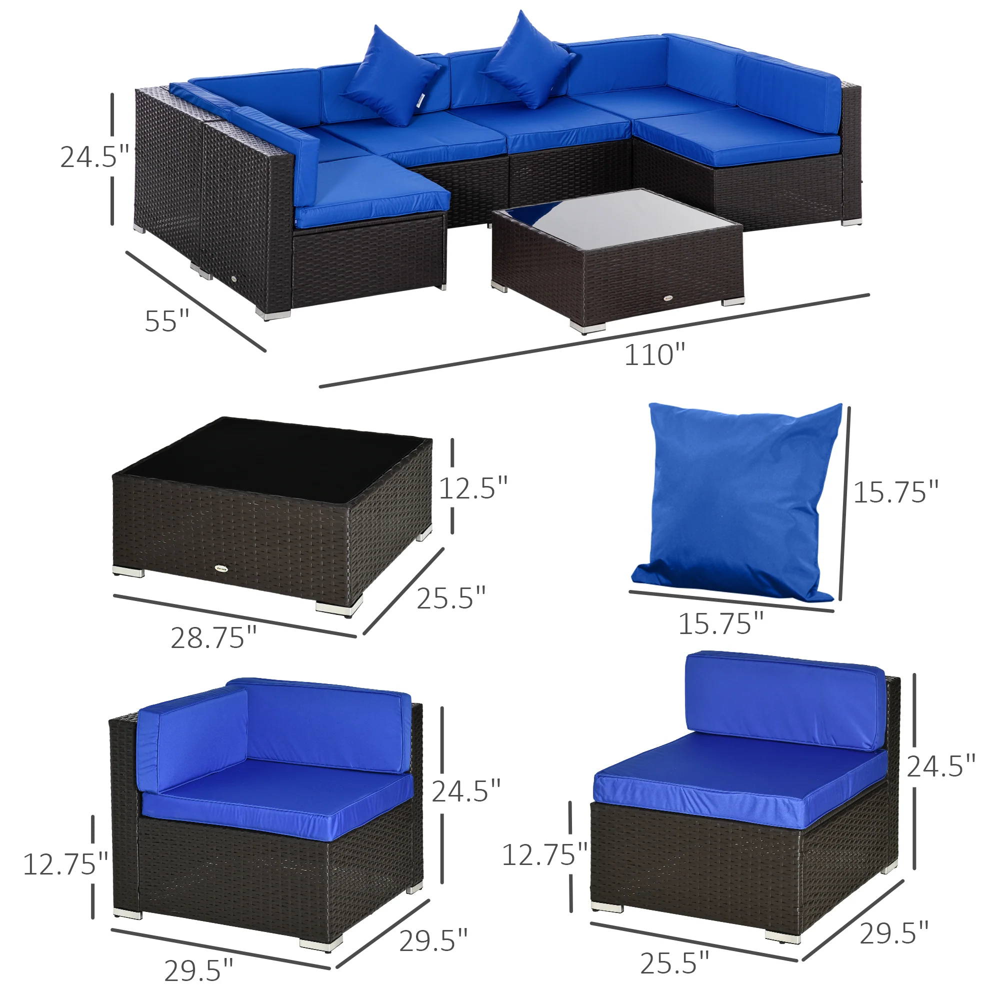 7-Piece PE Rattan Conversation Set with Sectional Sofa and Glass Table, Blue - Image 5