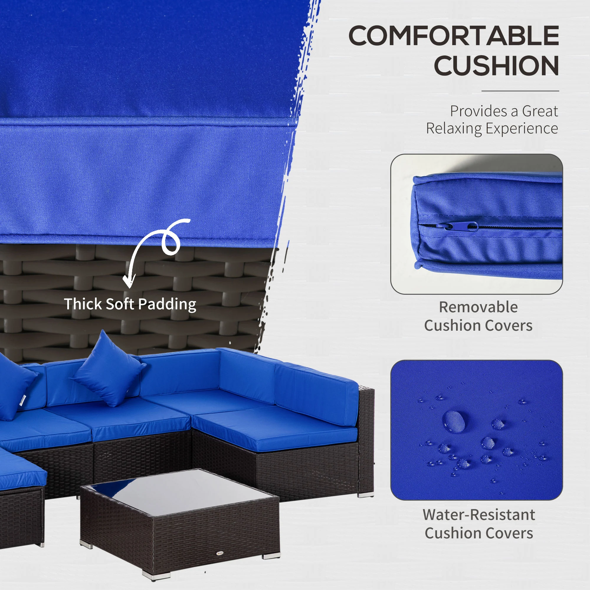 7-Piece PE Rattan Conversation Set with Sectional Sofa and Glass Table, Blue - Image 7