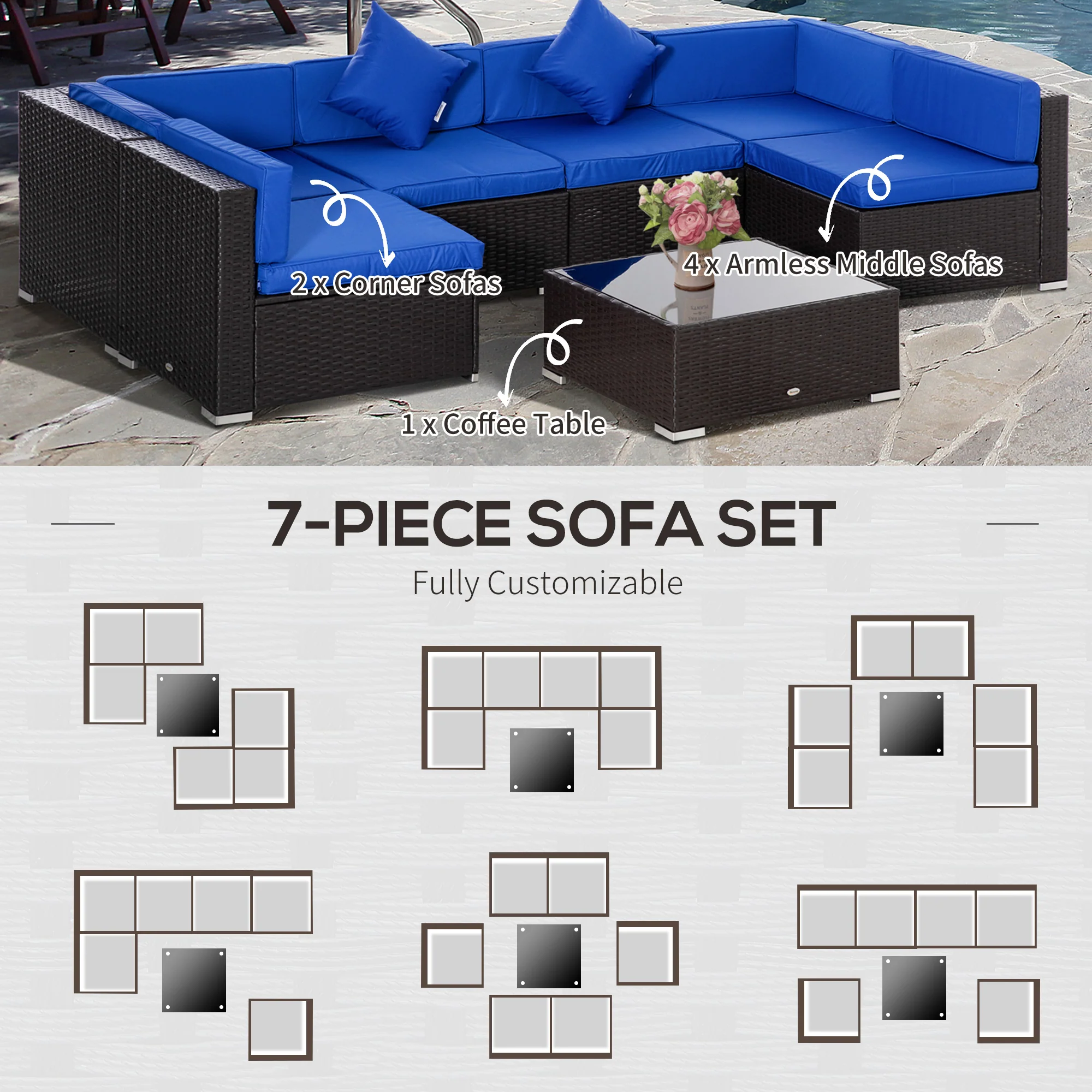 7-Piece PE Rattan Conversation Set with Sectional Sofa and Glass Table, Blue - Image 8