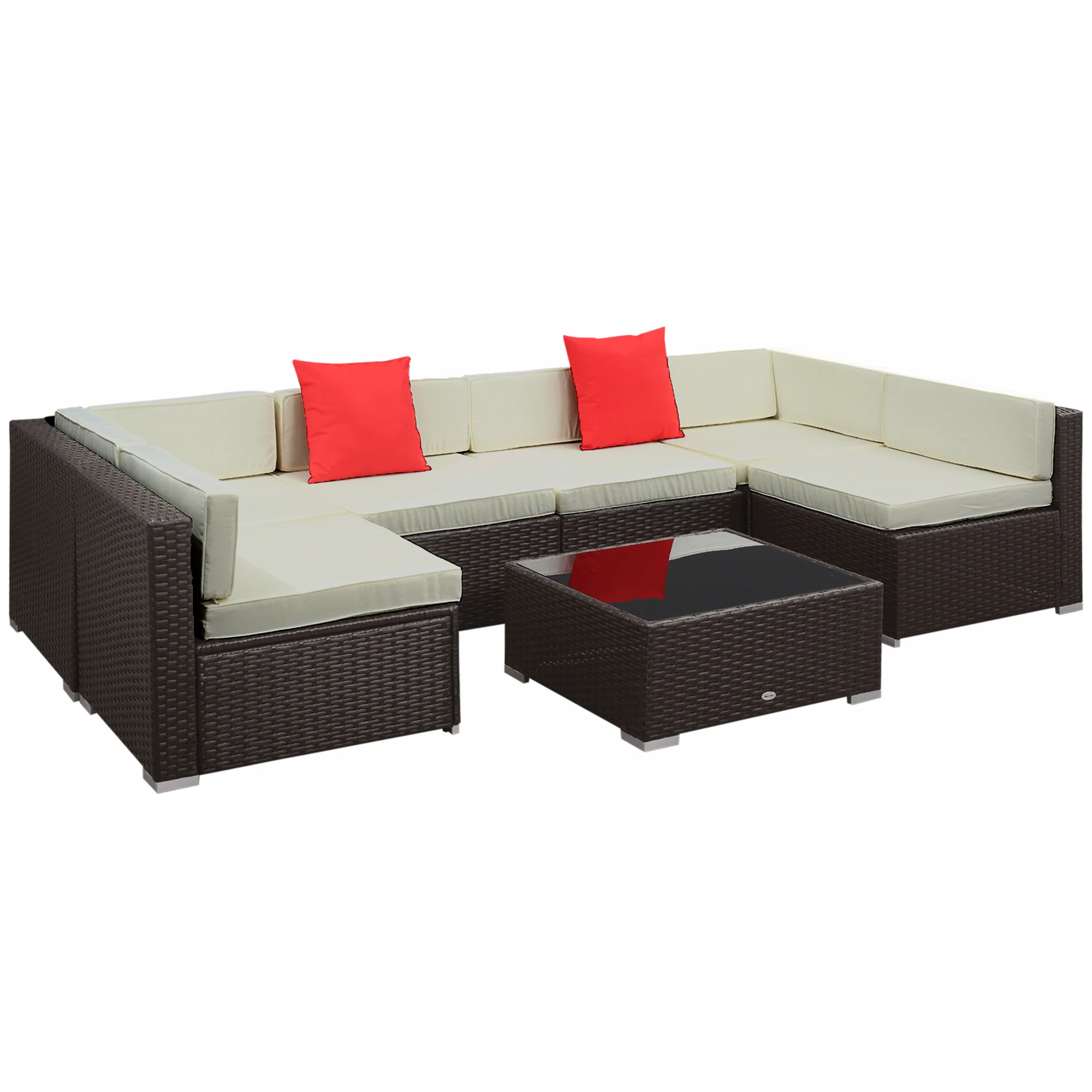 7-Piece PE Rattan Sectional Sofa Set with Glass Top and Cushions, Beige