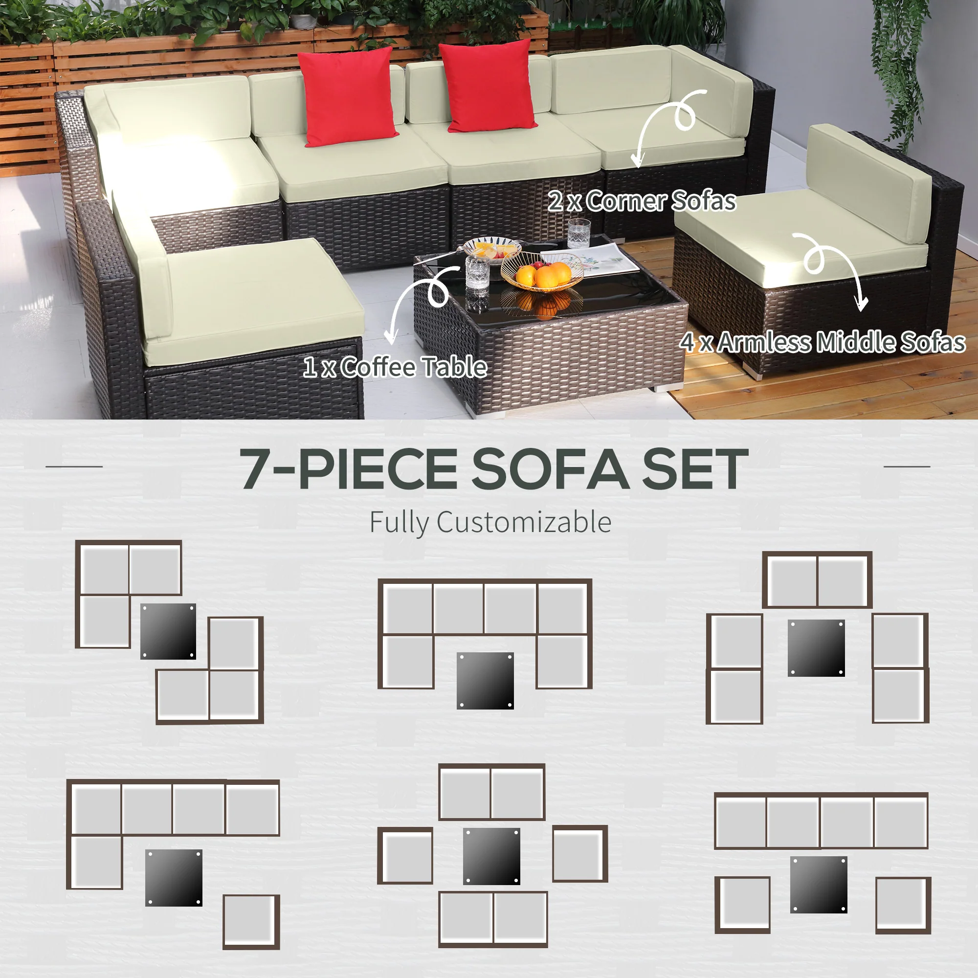 7-Piece PE Rattan Sectional Sofa Set with Glass Top and Cushions, Beige - Image 8