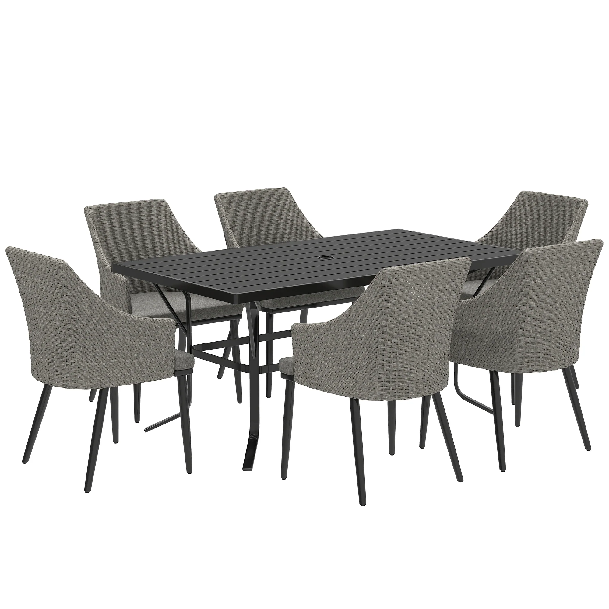 7 Piece Wicker Patio Furniture Set with Umbrella Hole & Slatted Table Top, Balcony