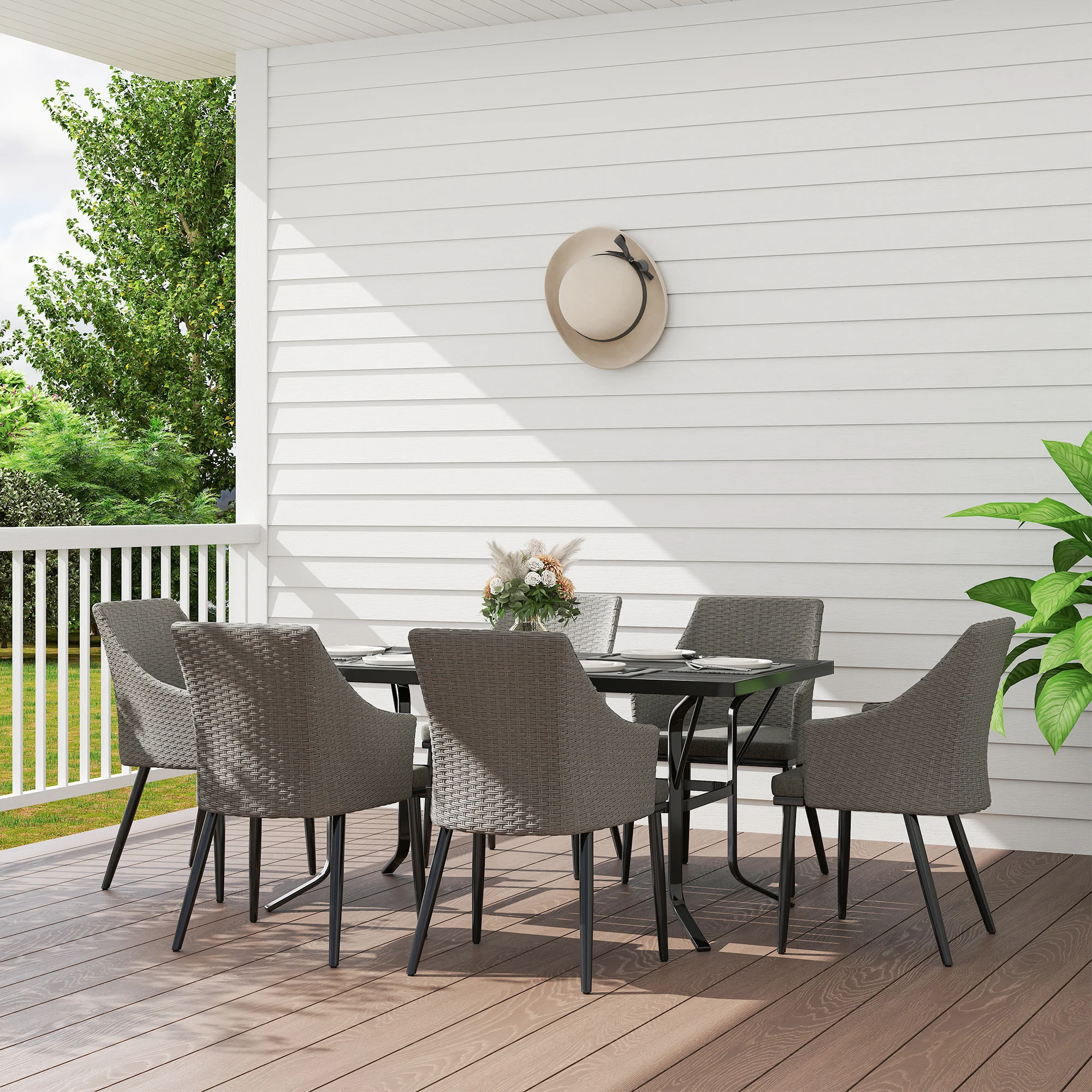 7 Piece Wicker Patio Furniture Set with Umbrella Hole & Slatted Table Top, Balcony - Image 3