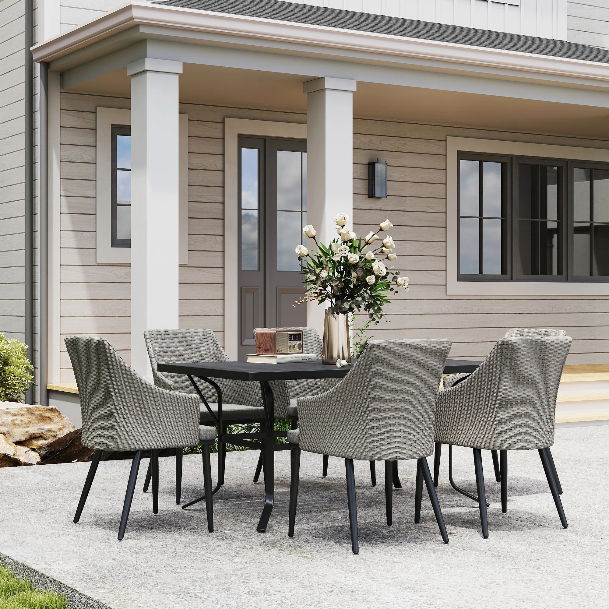 7 Piece Wicker Patio Furniture Set with Umbrella Hole & Slatted Table Top, Balcony - Image 4