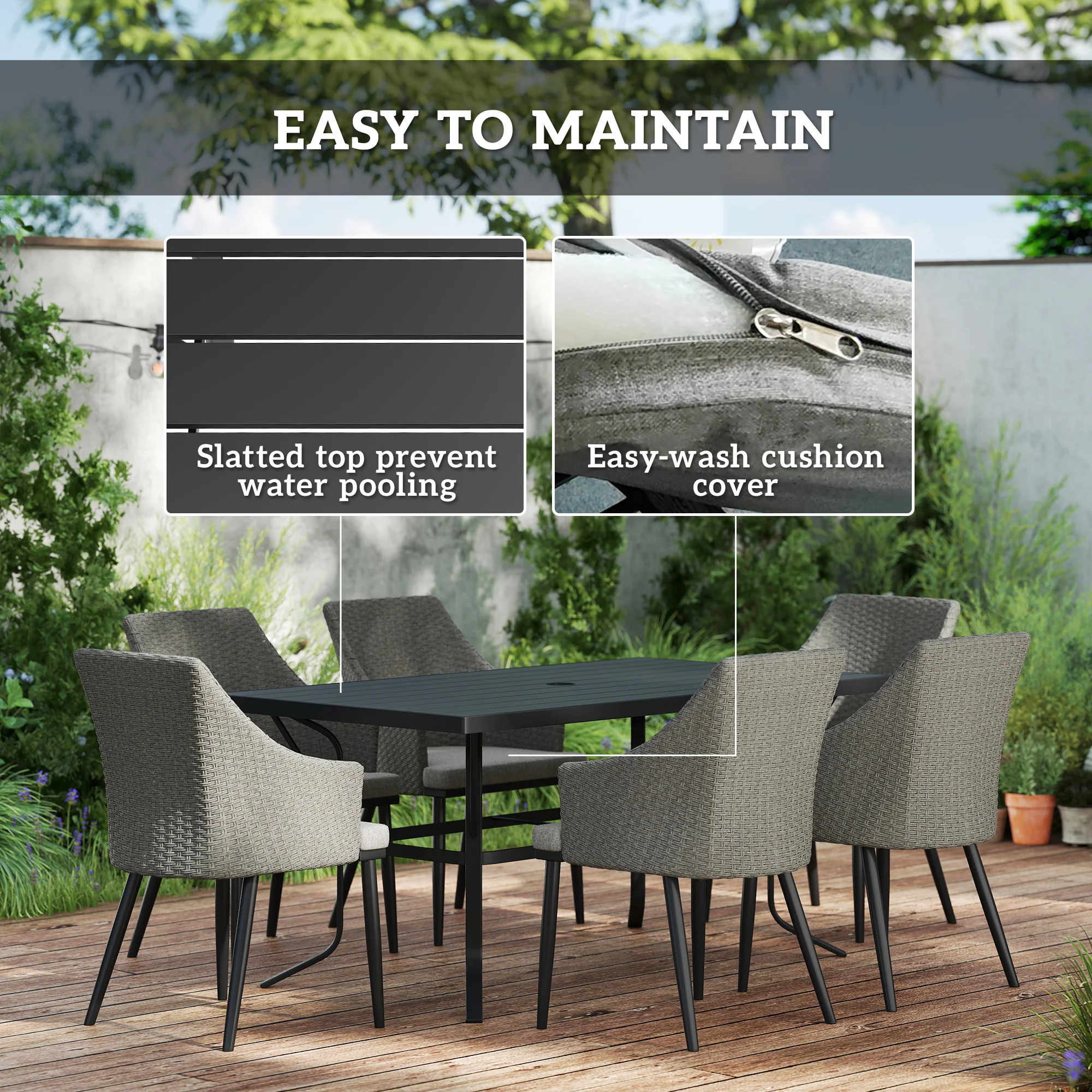 7 Piece Wicker Patio Furniture Set with Umbrella Hole & Slatted Table Top, Balcony - Image 9