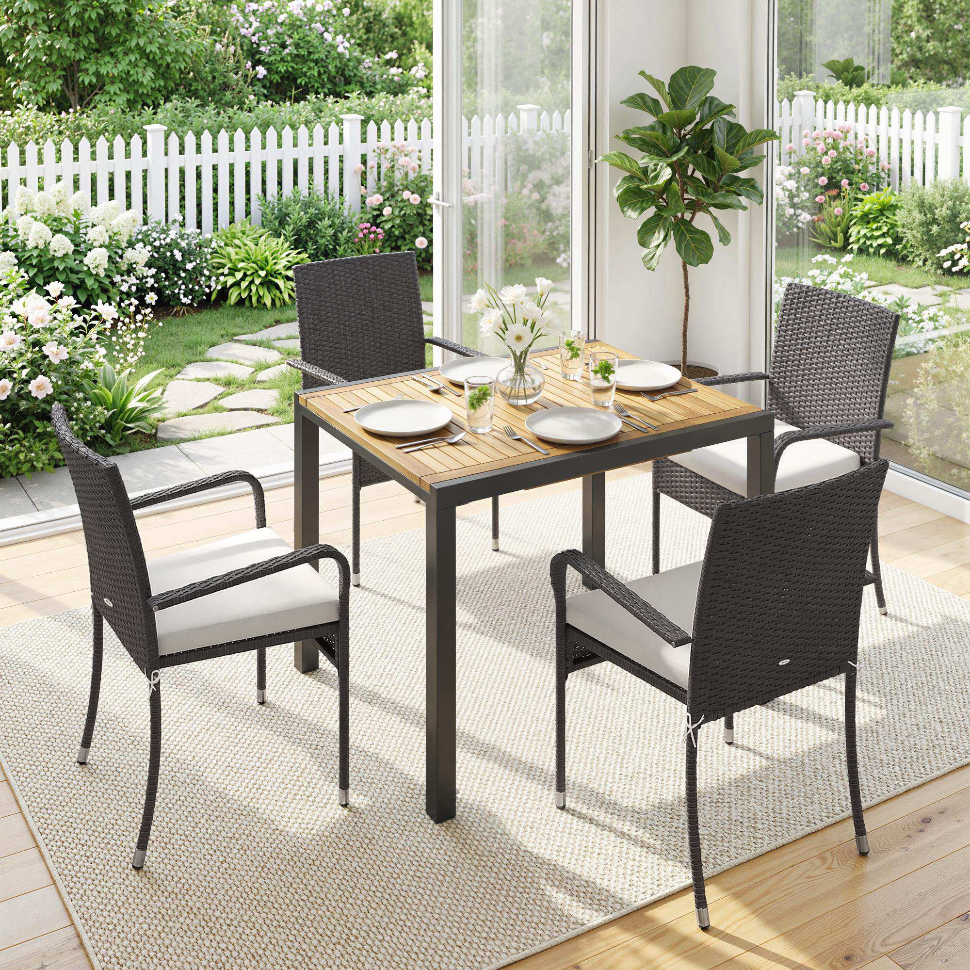 7-Piece Rattan 6-Seater Dining Set with Acacia Top and Cushions, Cream White - Image 11