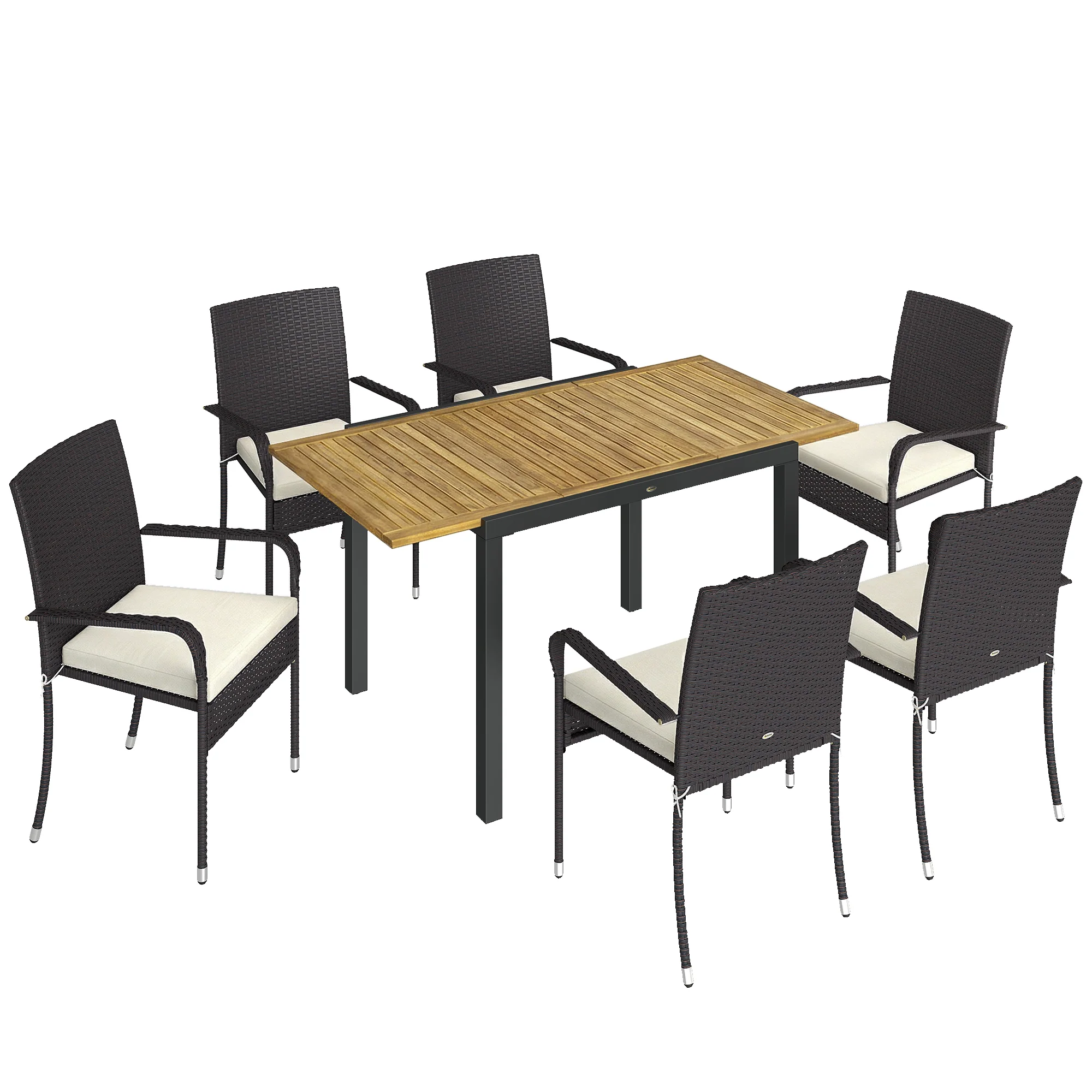 7-Piece Rattan 6-Seater Dining Set with Acacia Top and Cushions, Cream White - Image 12