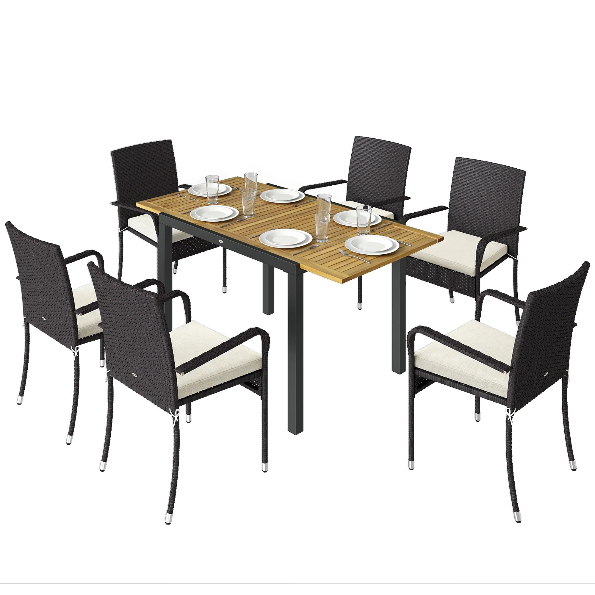 7-Piece Rattan 6-Seater Dining Set with Acacia Top and Cushions, Cream White - Image 2