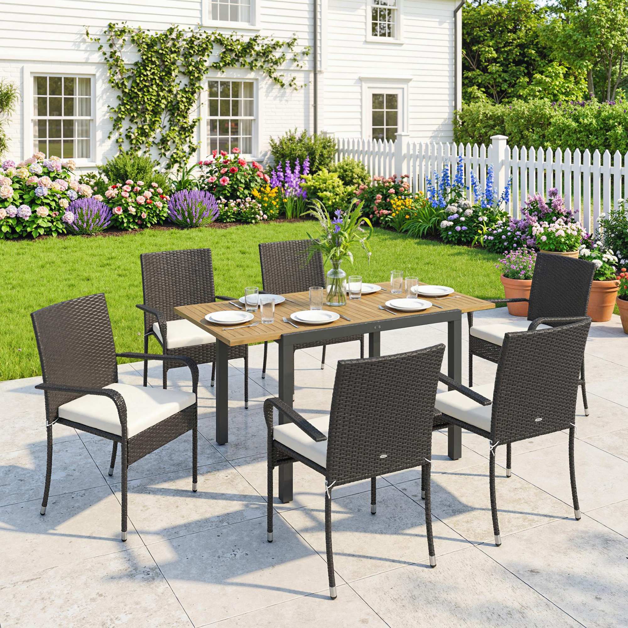 7-Piece Rattan 6-Seater Dining Set with Acacia Top and Cushions, Cream White - Image 3