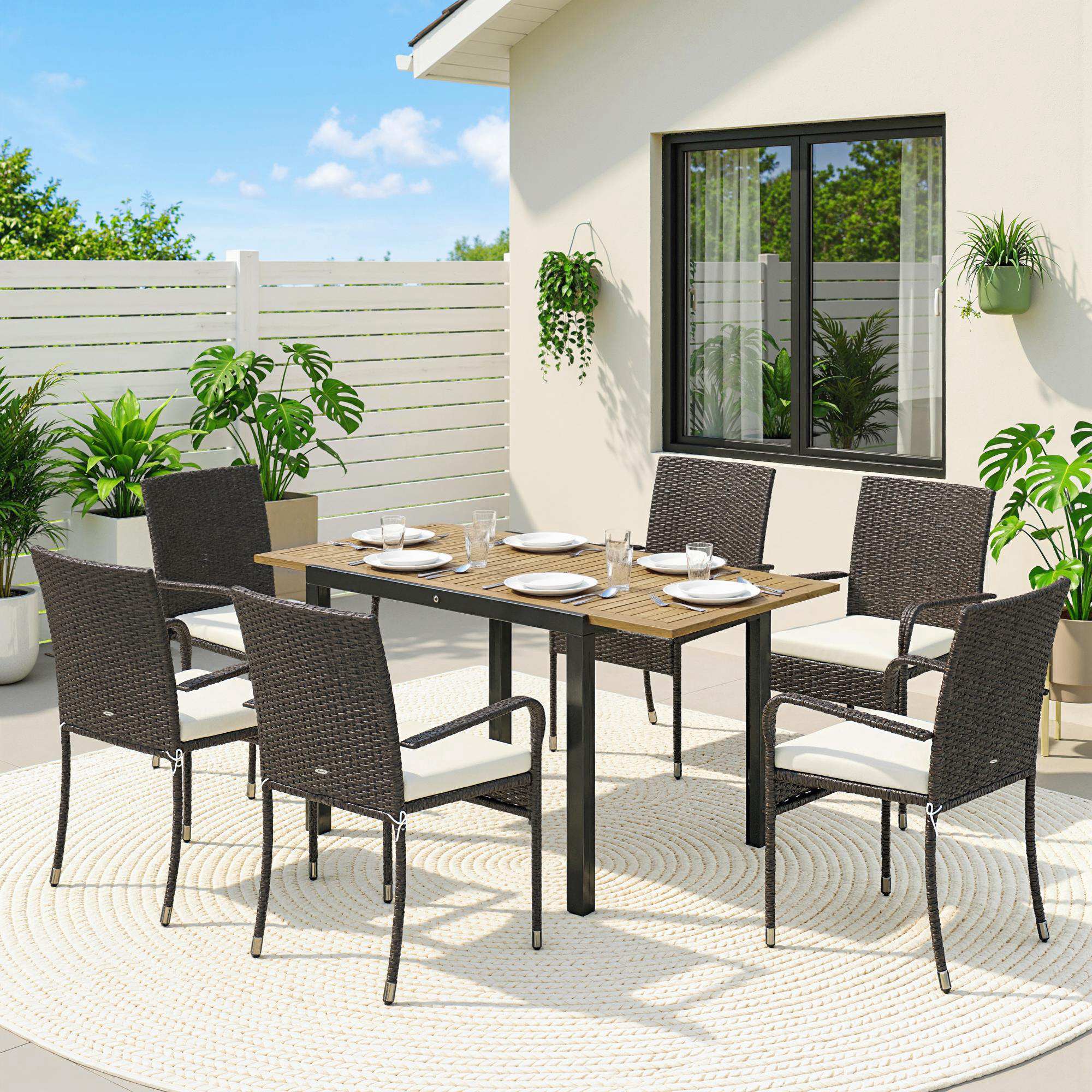 7-Piece Rattan 6-Seater Dining Set with Acacia Top and Cushions, Cream White - Image 4