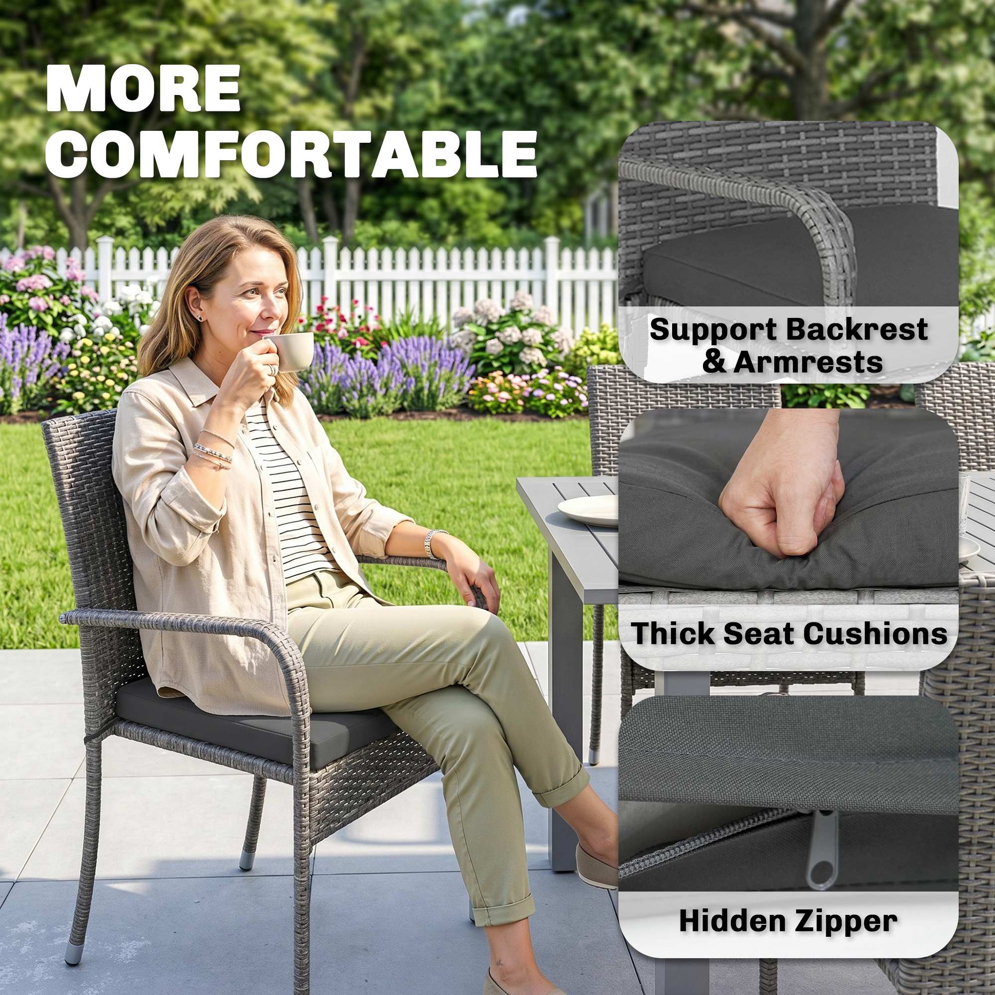 7-Piece Rattan Dining Set with Extendable Acacia Table and 6 Cushioned Chairs - Image 10