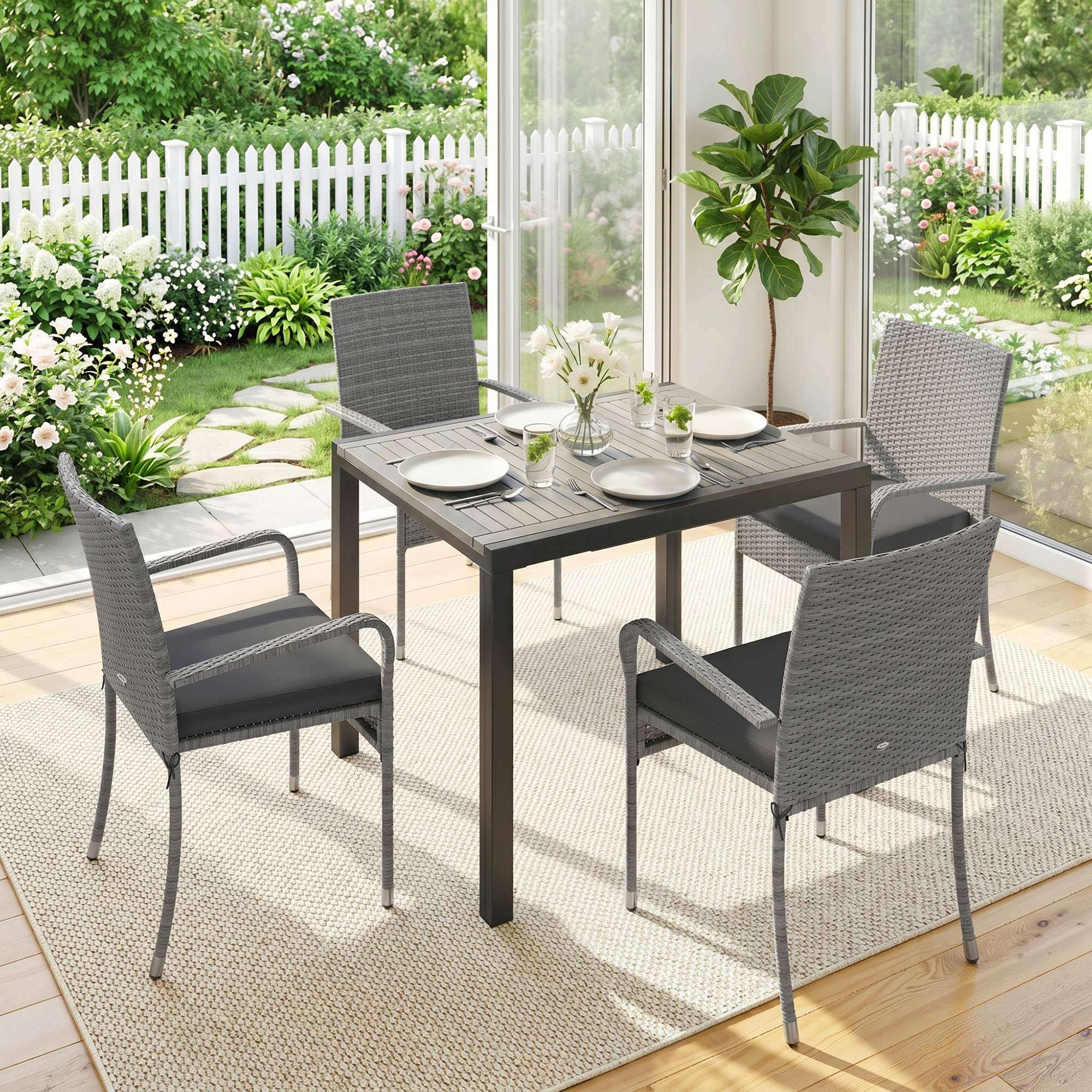 7-Piece Rattan Dining Set with Extendable Acacia Table and 6 Cushioned Chairs - Image 11