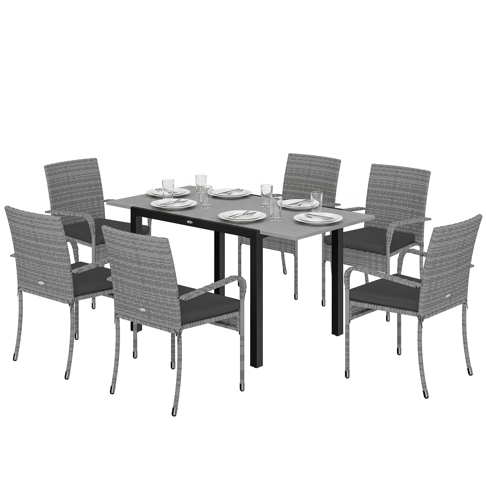 7-Piece Rattan Dining Set with Extendable Acacia Table and 6 Cushioned Chairs - Image 2