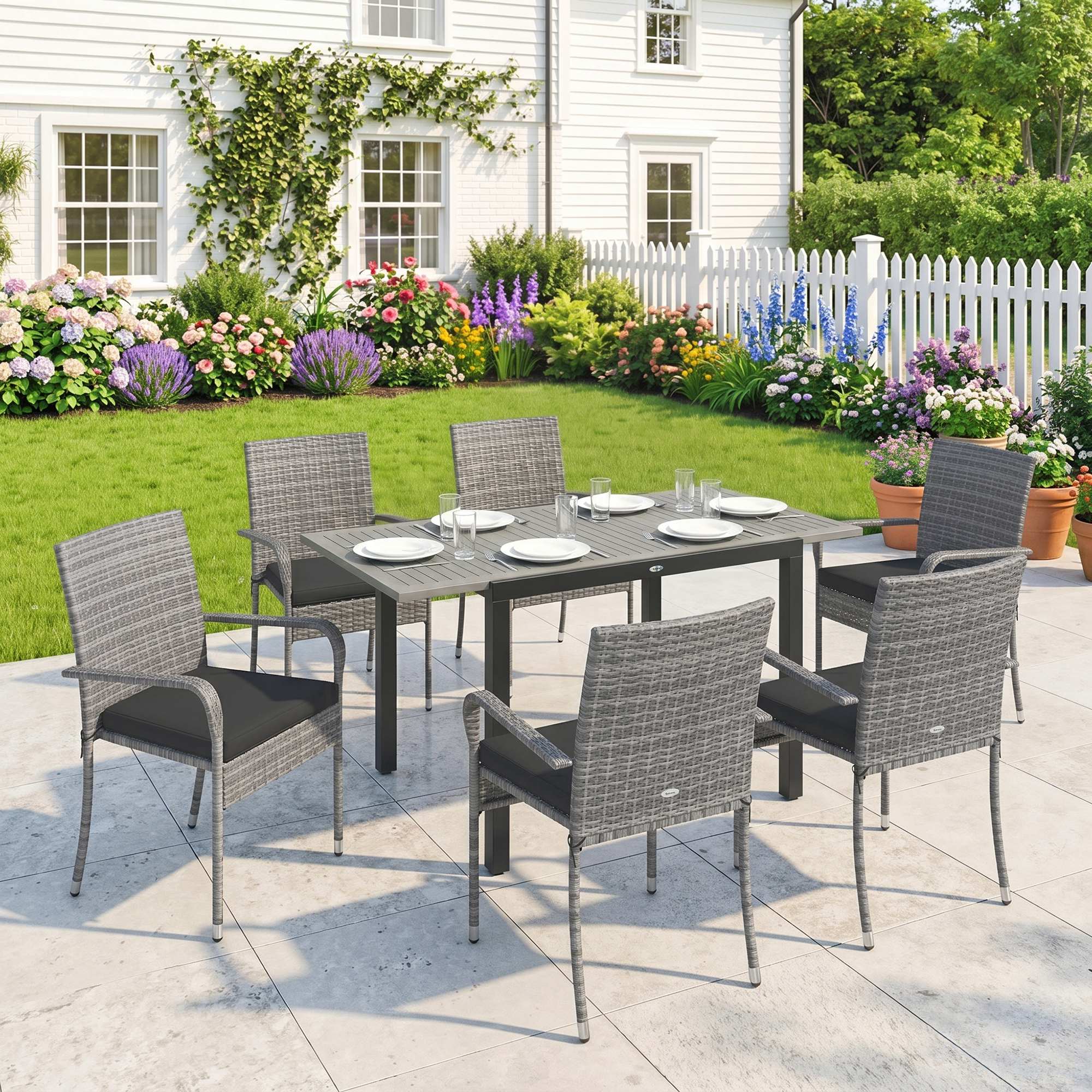 7-Piece Rattan Dining Set with Extendable Acacia Table and 6 Cushioned Chairs - Image 3