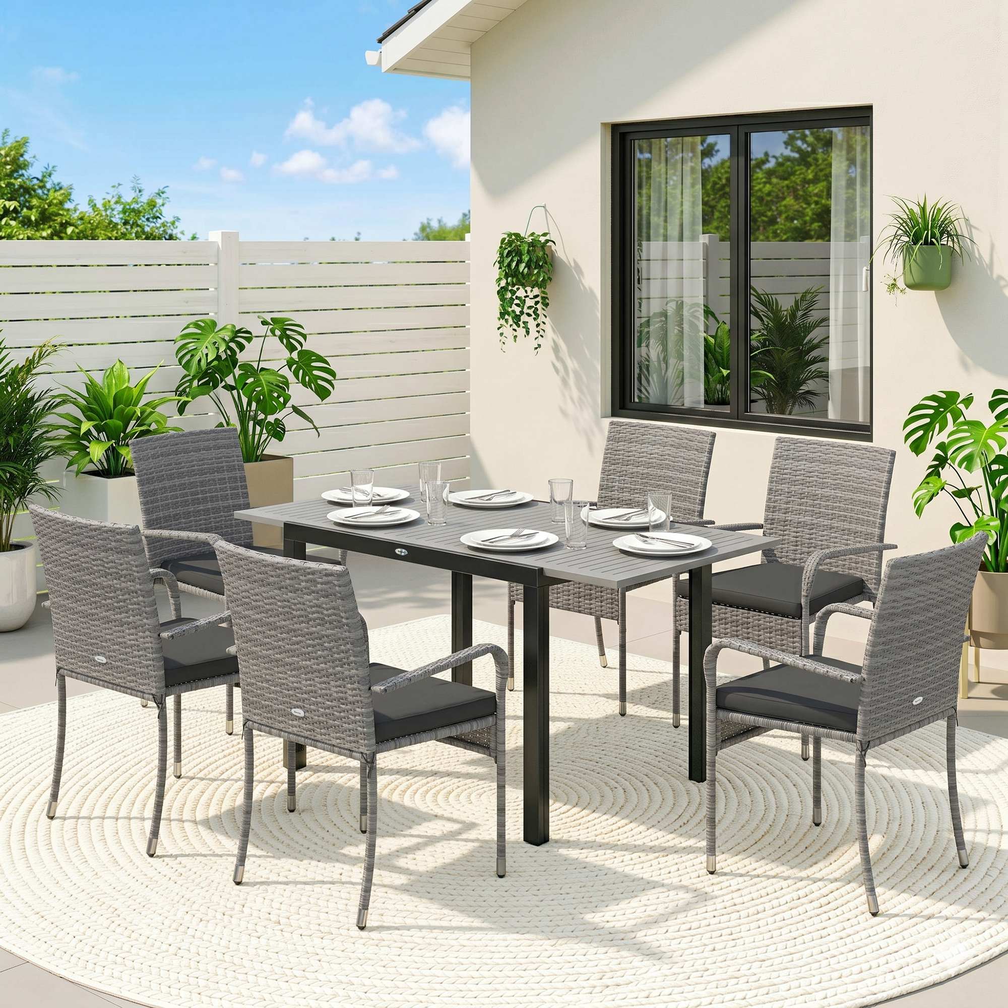 7-Piece Rattan Dining Set with Extendable Acacia Table and 6 Cushioned Chairs - Image 4