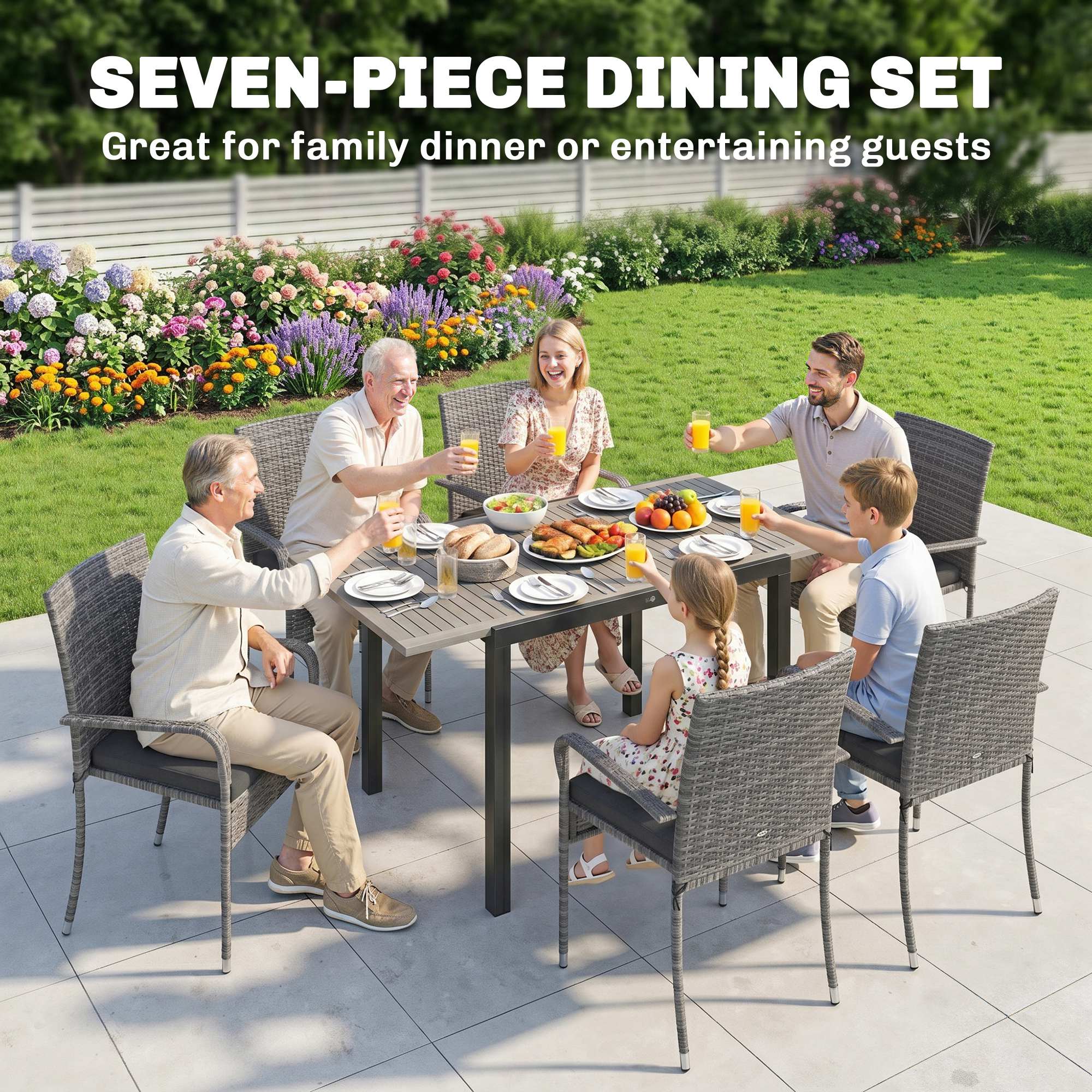 7-Piece Rattan Dining Set with Extendable Acacia Table and 6 Cushioned Chairs - Image 6