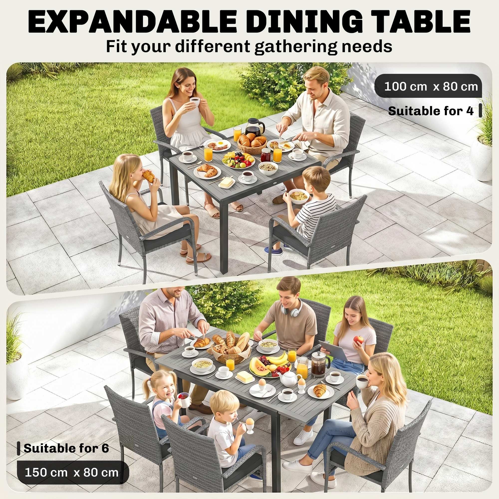 7-Piece Rattan Dining Set with Extendable Acacia Table and 6 Cushioned Chairs - Image 7