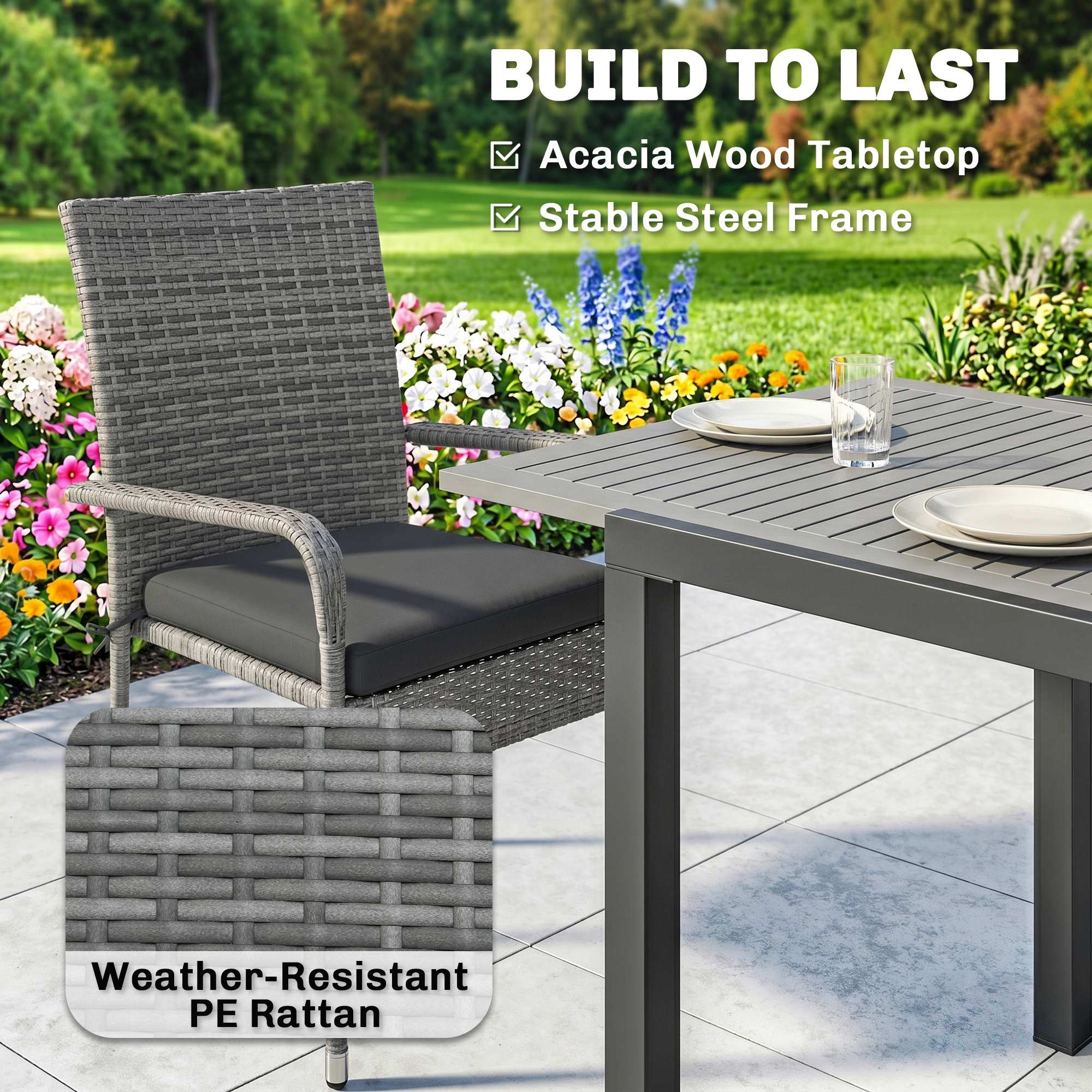 7-Piece Rattan Dining Set with Extendable Acacia Table and 6 Cushioned Chairs - Image 8