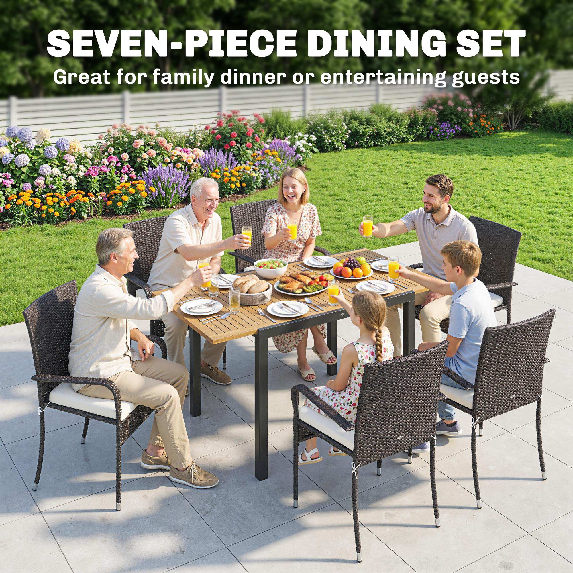 7-Piece Rattan 6-Seater Dining Set with Acacia Top and Cushions, Cream White - Image 6