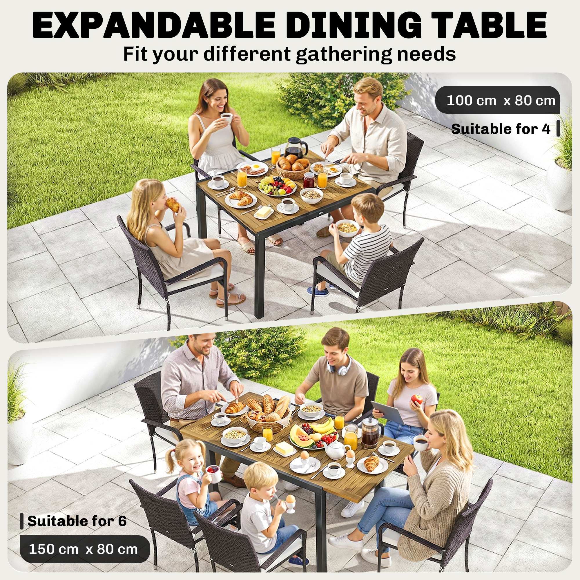 7-Piece Rattan 6-Seater Dining Set with Acacia Top and Cushions, Cream White - Image 7