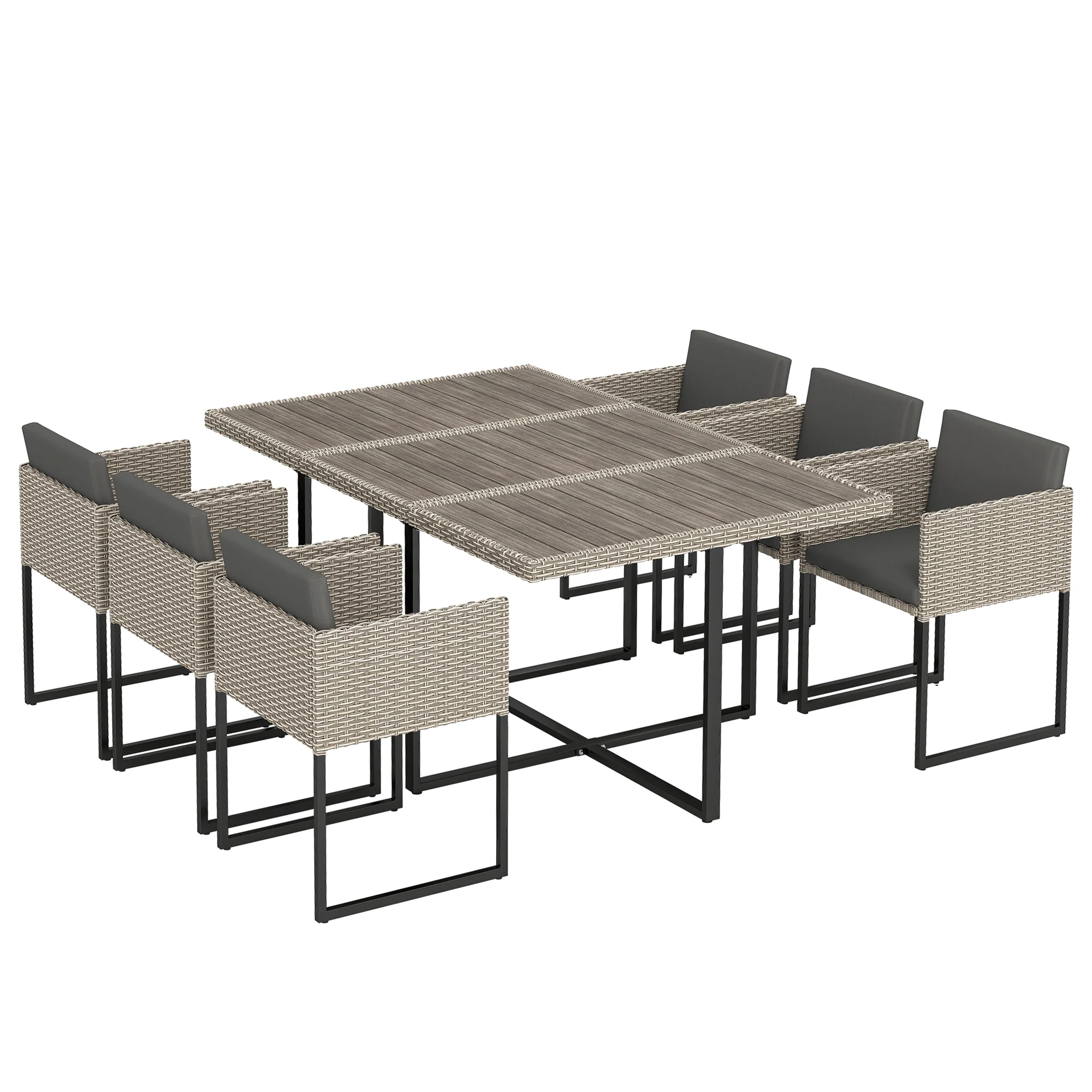 7-Piece Light Grey Rattan Dining Set with WPC Table, 6 Chairs & 12 Cushions - Image 12