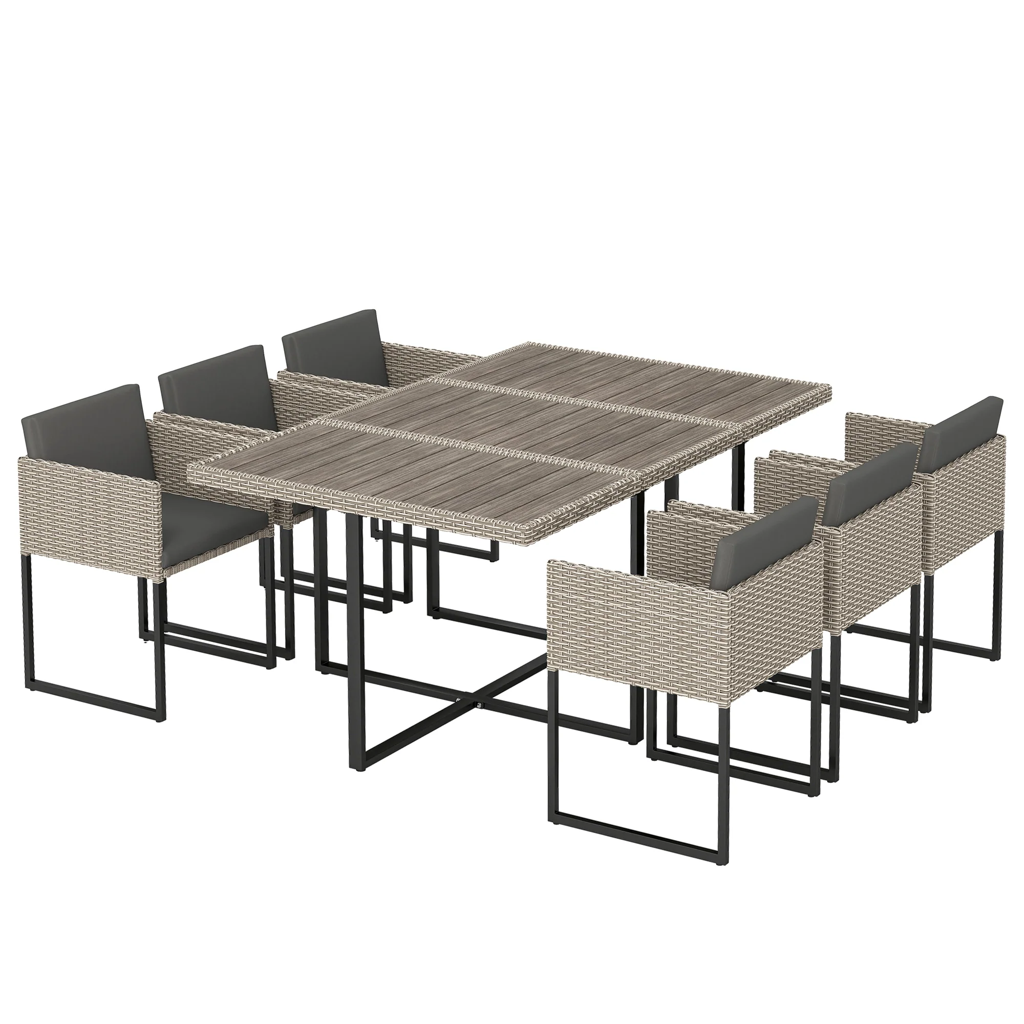 7-Piece Light Grey Rattan Dining Set with WPC Table, 6 Chairs & 12 Cushions - Image 2