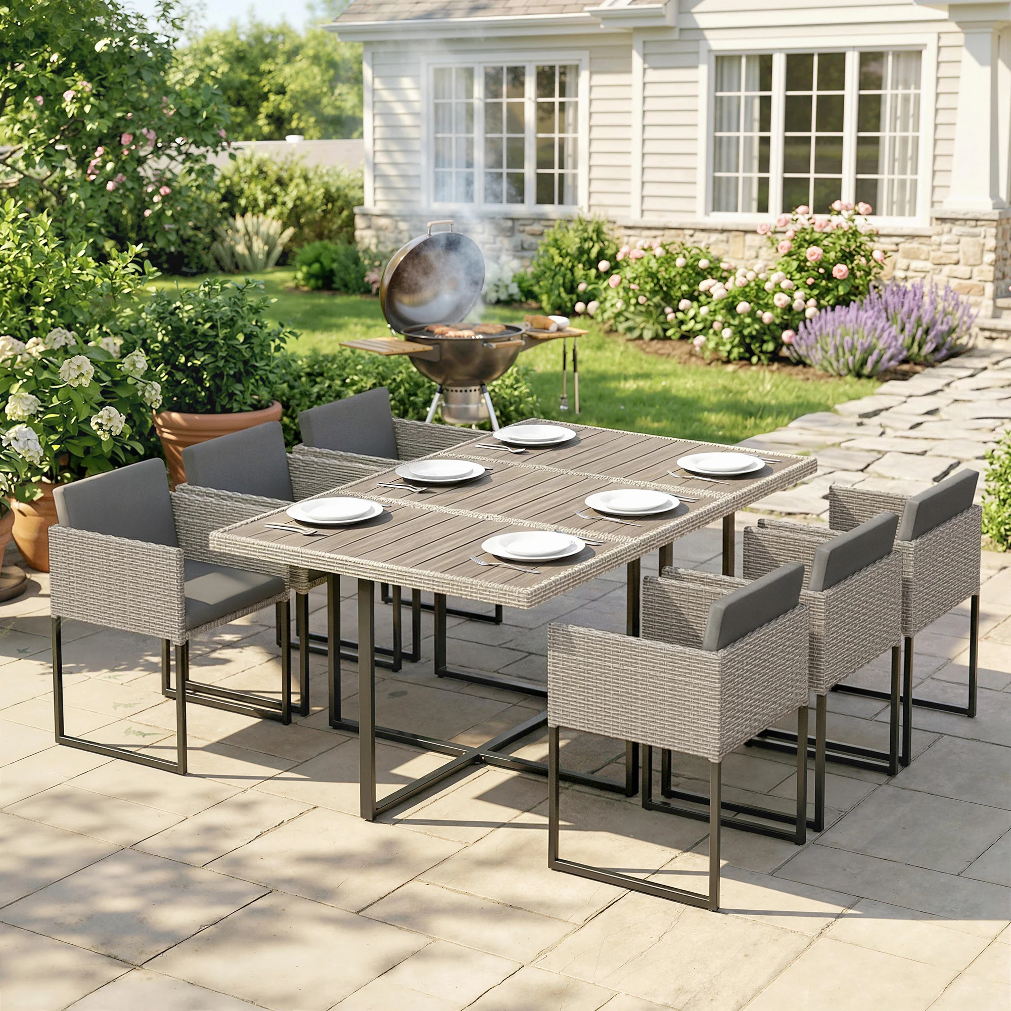 7-Piece Light Grey Rattan Dining Set with WPC Table, 6 Chairs & 12 Cushions - Image 3