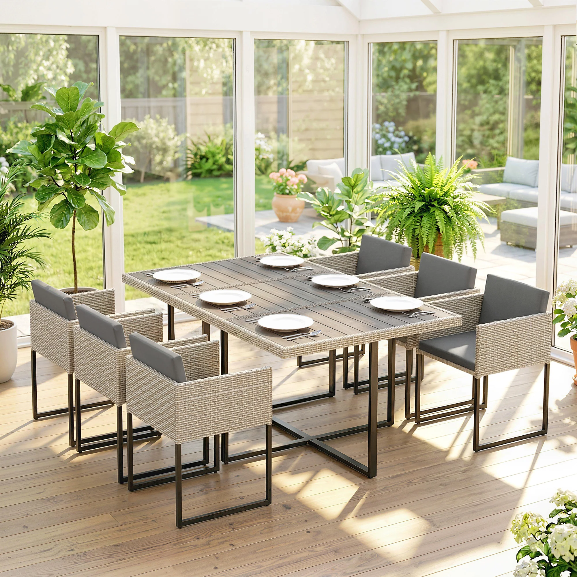 7-Piece Light Grey Rattan Dining Set with WPC Table, 6 Chairs & 12 Cushions - Image 4