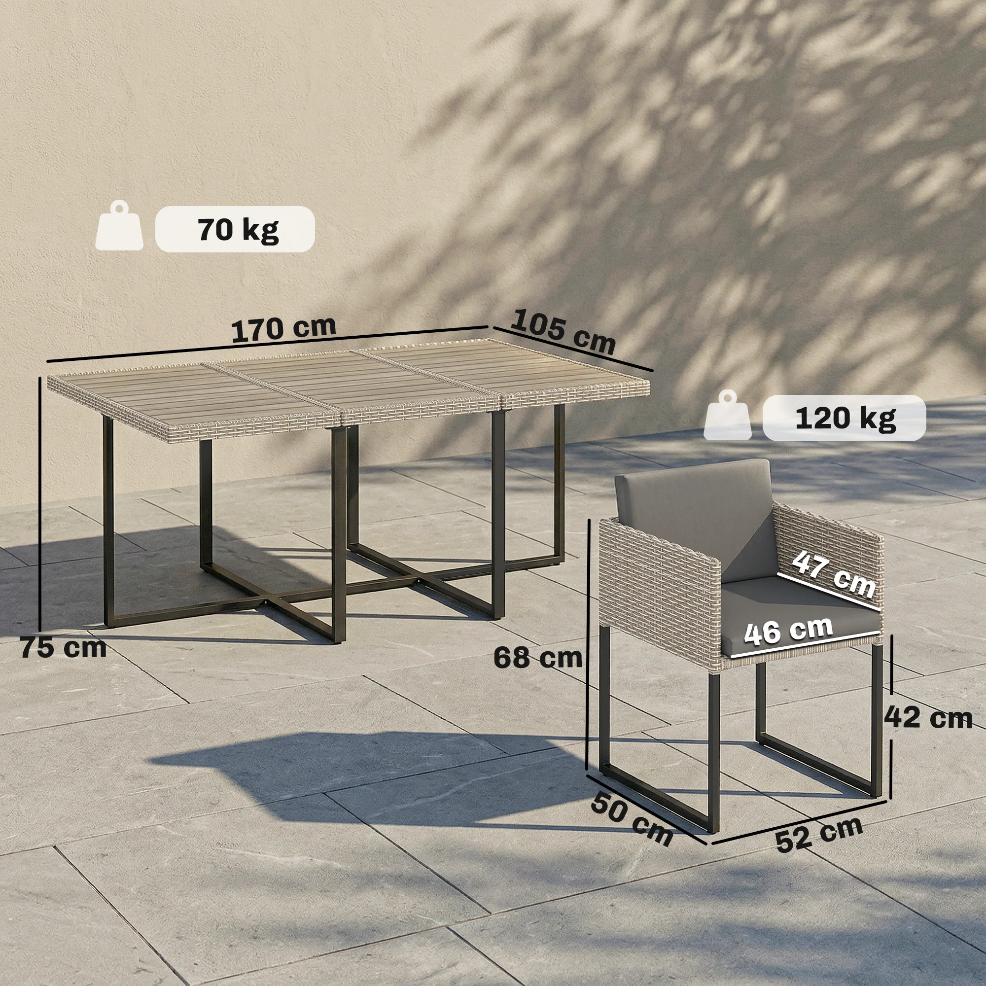 7-Piece Light Grey Rattan Dining Set with WPC Table, 6 Chairs & 12 Cushions - Image 5