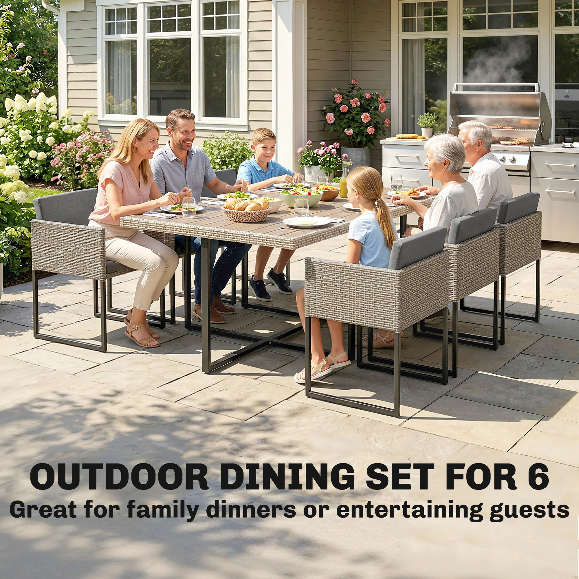 7-Piece Light Grey Rattan Dining Set with WPC Table, 6 Chairs & 12 Cushions - Image 6