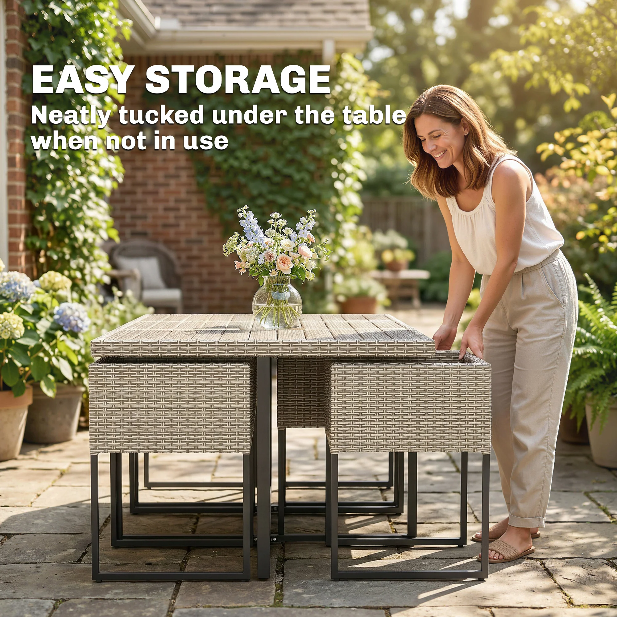7-Piece Light Grey Rattan Dining Set with WPC Table, 6 Chairs & 12 Cushions - Image 7