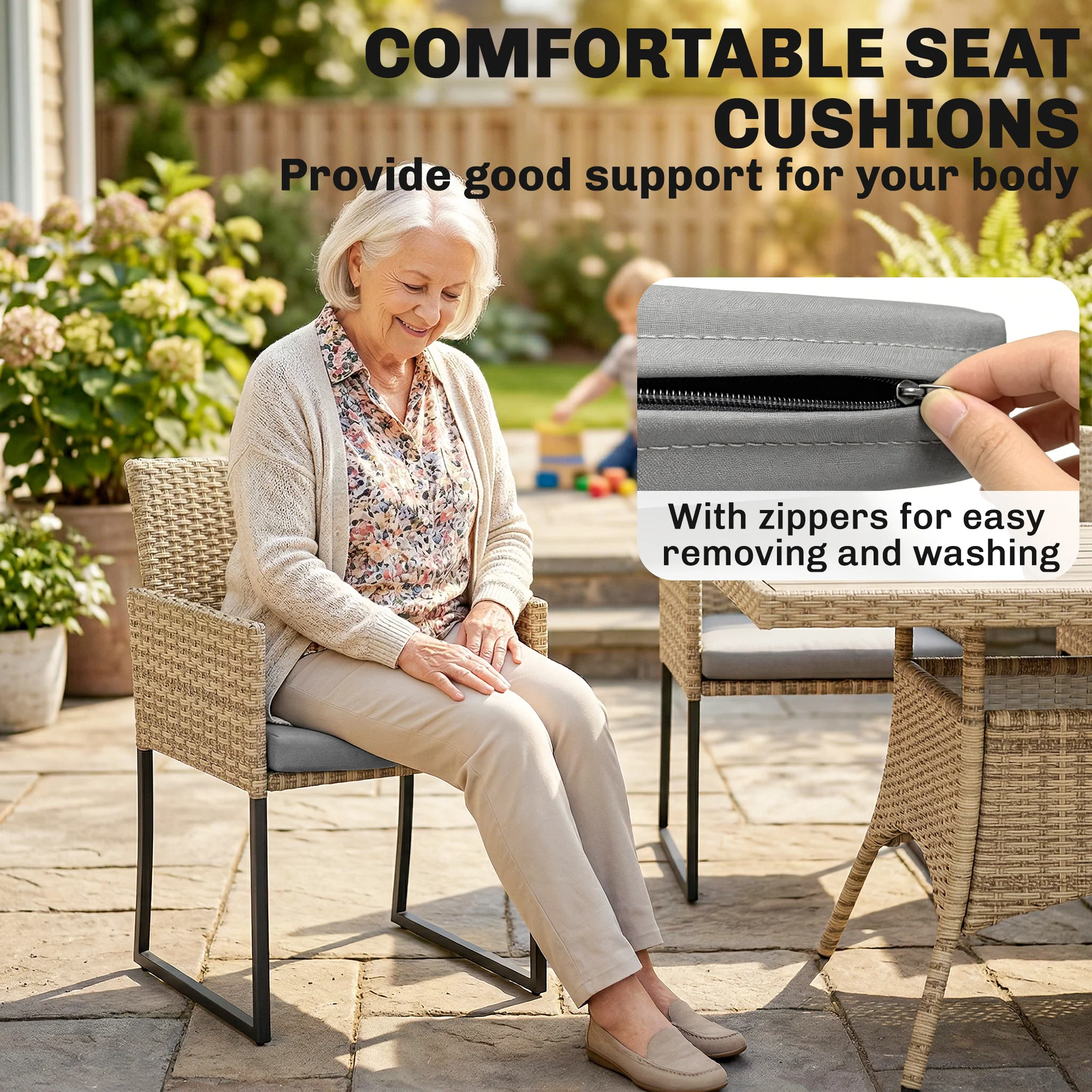 7-Piece Dark Grey Rattan Dining Set with WPC Table, 6 Chairs & Cushions - Image 10