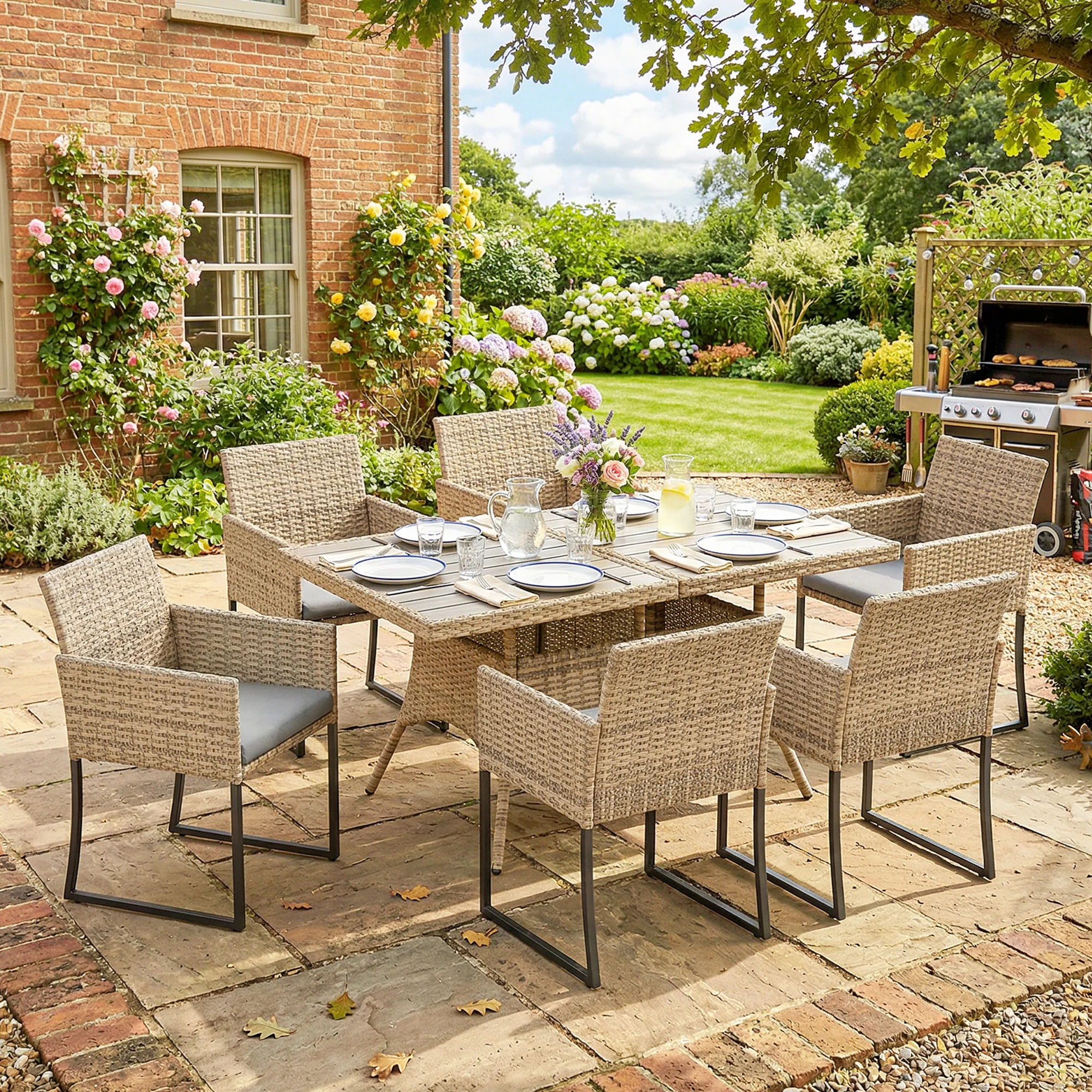 7-Piece Dark Grey Rattan Dining Set with WPC Table, 6 Chairs & Cushions - Image 3
