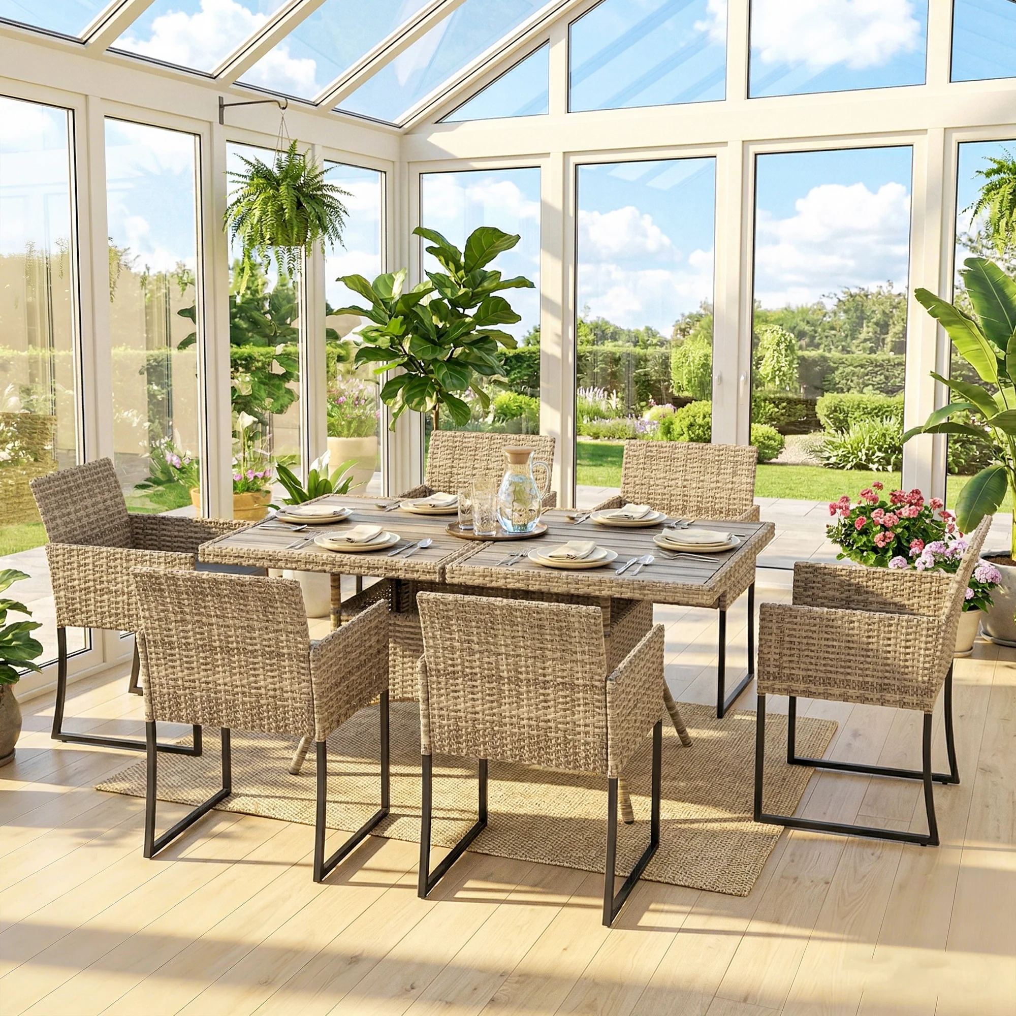 7-Piece Dark Grey Rattan Dining Set with WPC Table, 6 Chairs & Cushions - Image 4