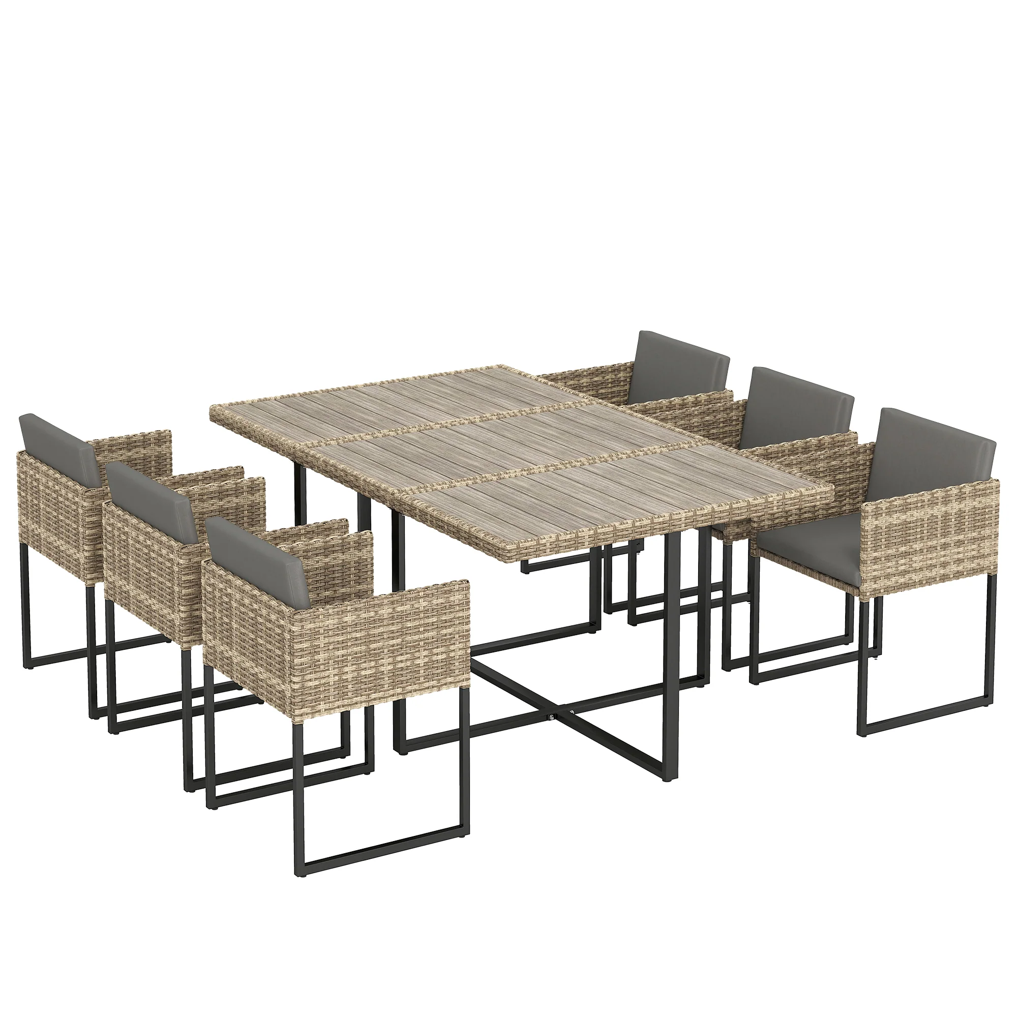 7-Piece Light Brown Rattan Dining Set with WPC Table, 6 Chairs & 12 Cushions - Image 12