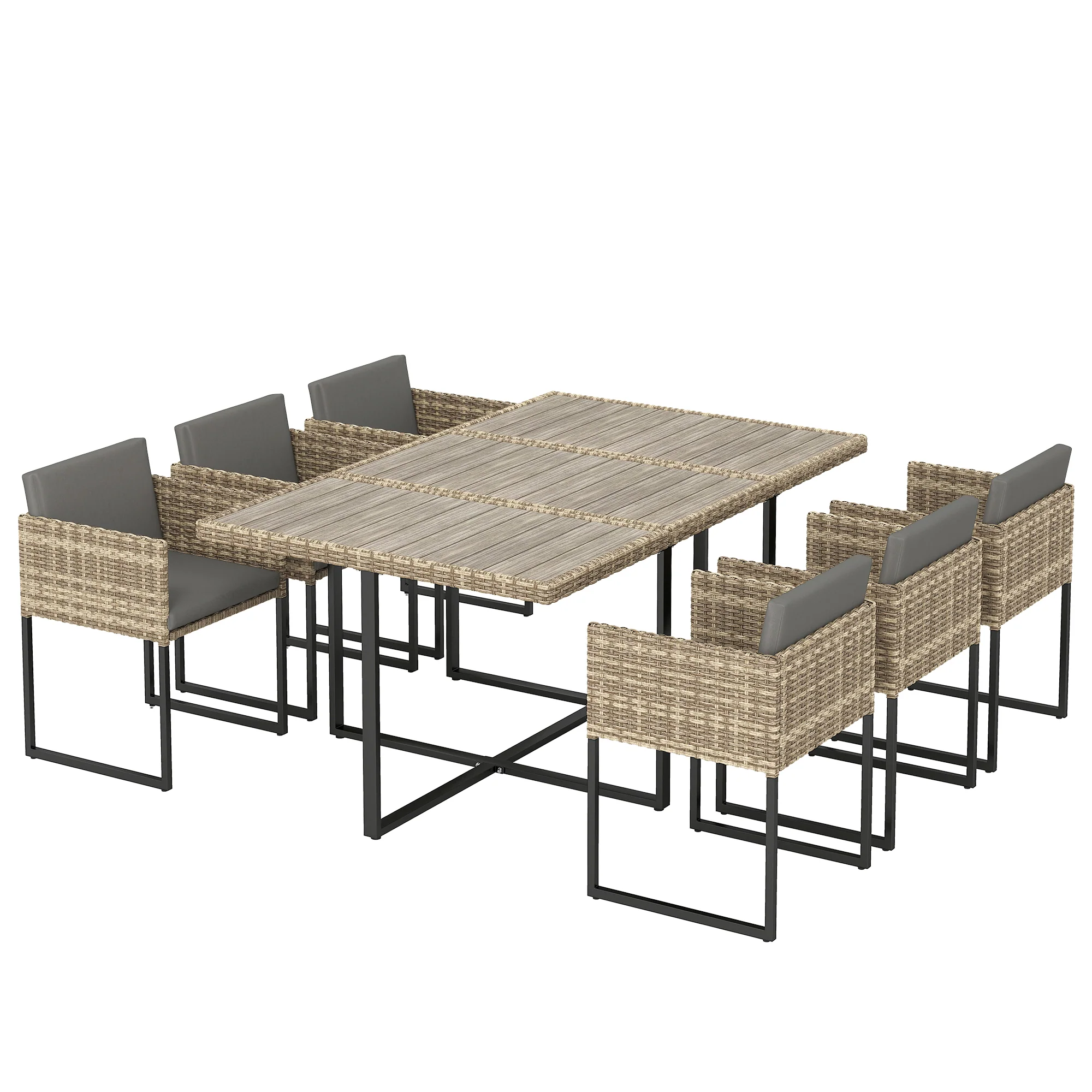 7-Piece Light Brown Rattan Dining Set with WPC Table, 6 Chairs & 12 Cushions - Image 2