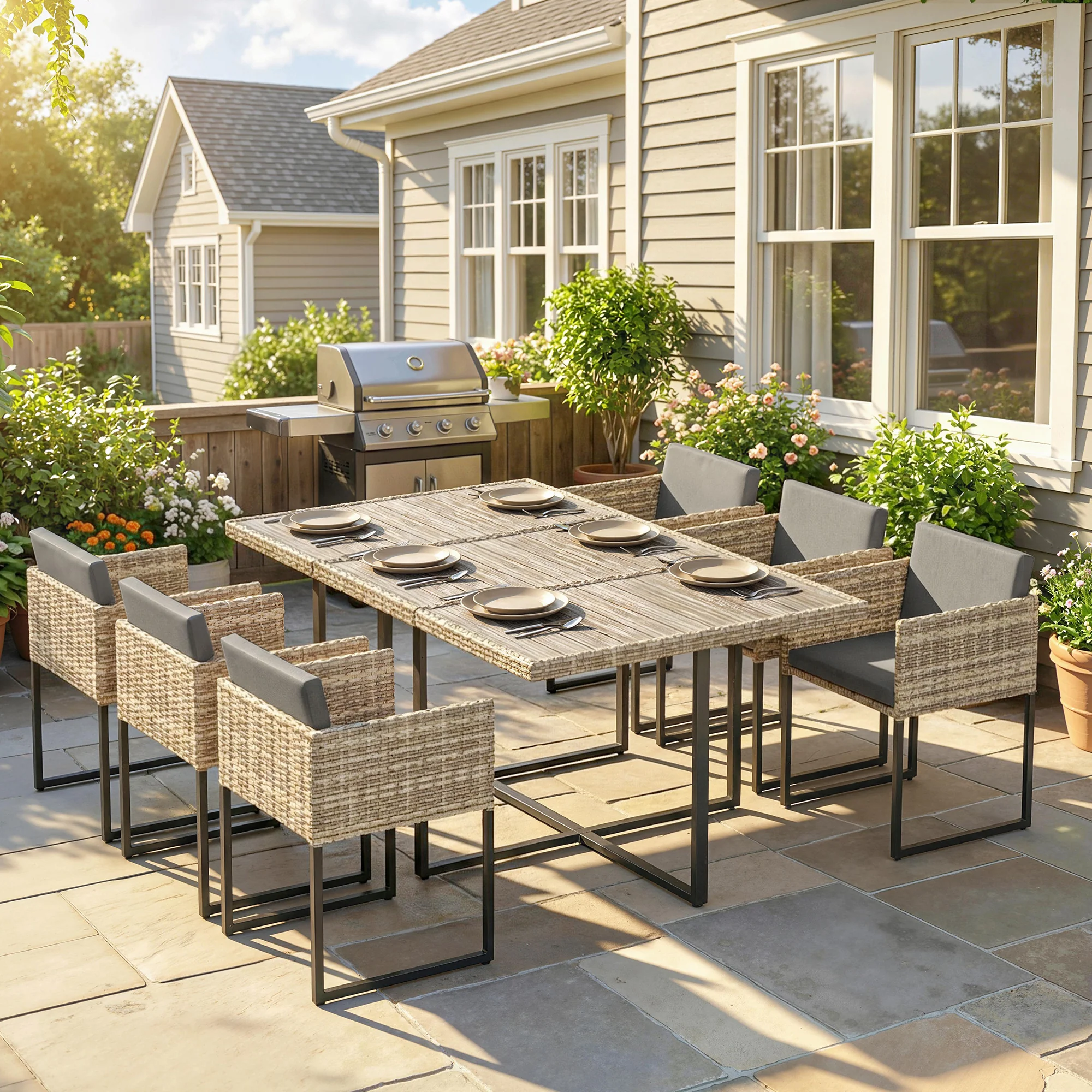 7-Piece Light Brown Rattan Dining Set with WPC Table, 6 Chairs & 12 Cushions - Image 3